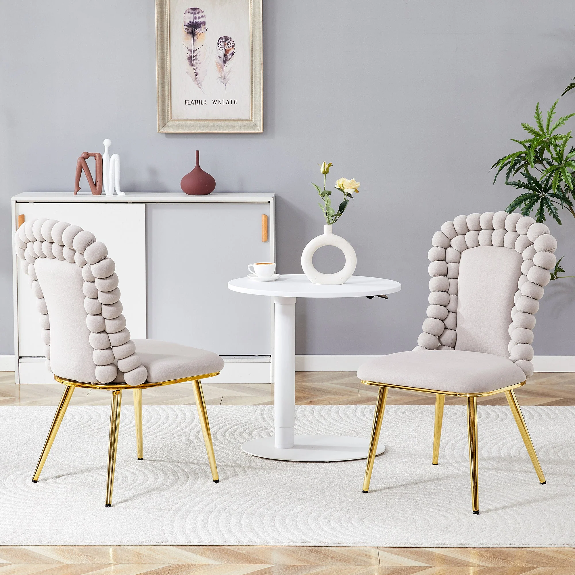 Dining Chairs (Set of 2) Ball Chain Backrest Gold-Plated Metal Legs, Light Grey Velvet - Image 2
