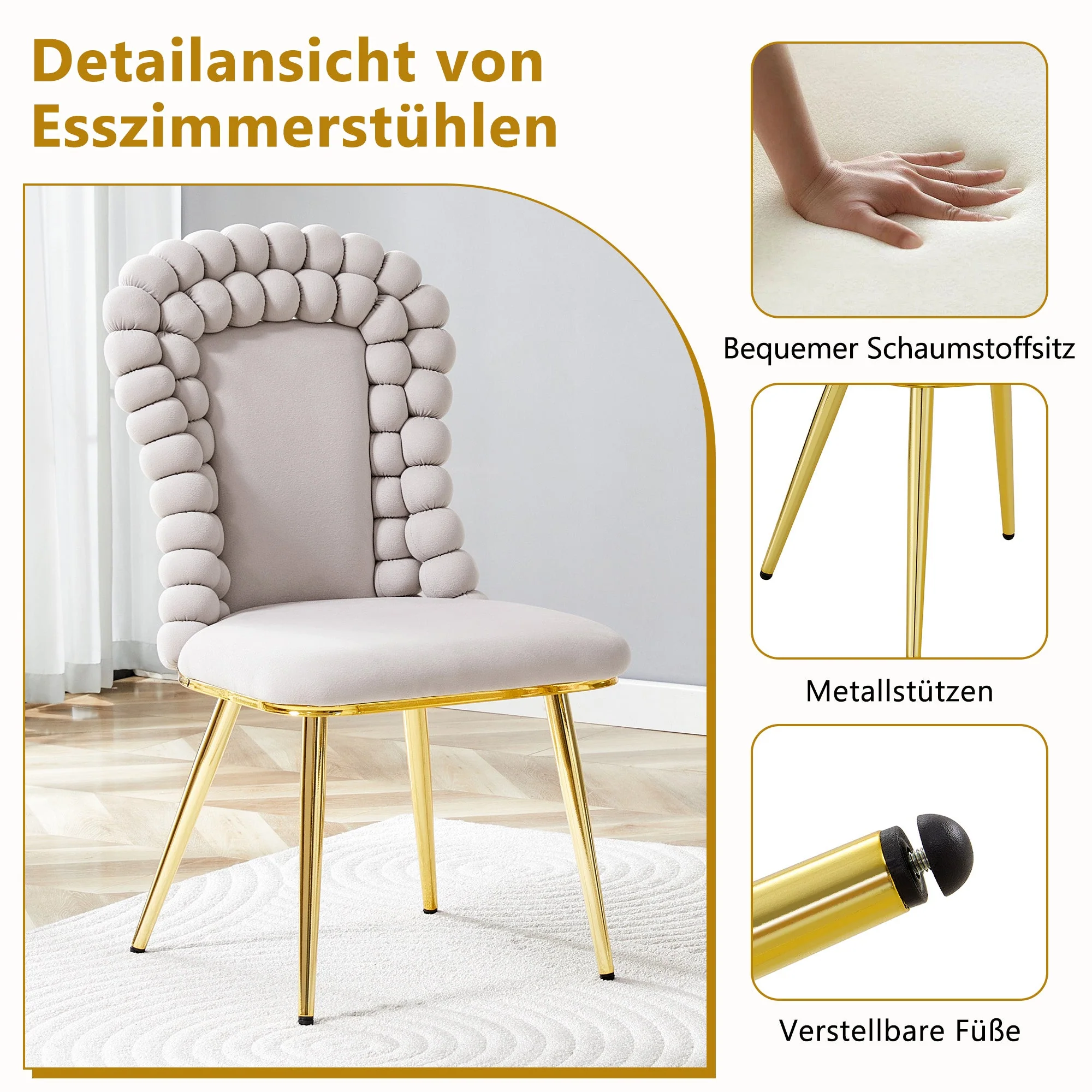 Dining Chairs (Set of 2) Ball Chain Backrest Gold-Plated Metal Legs, Light Grey Velvet - Image 6