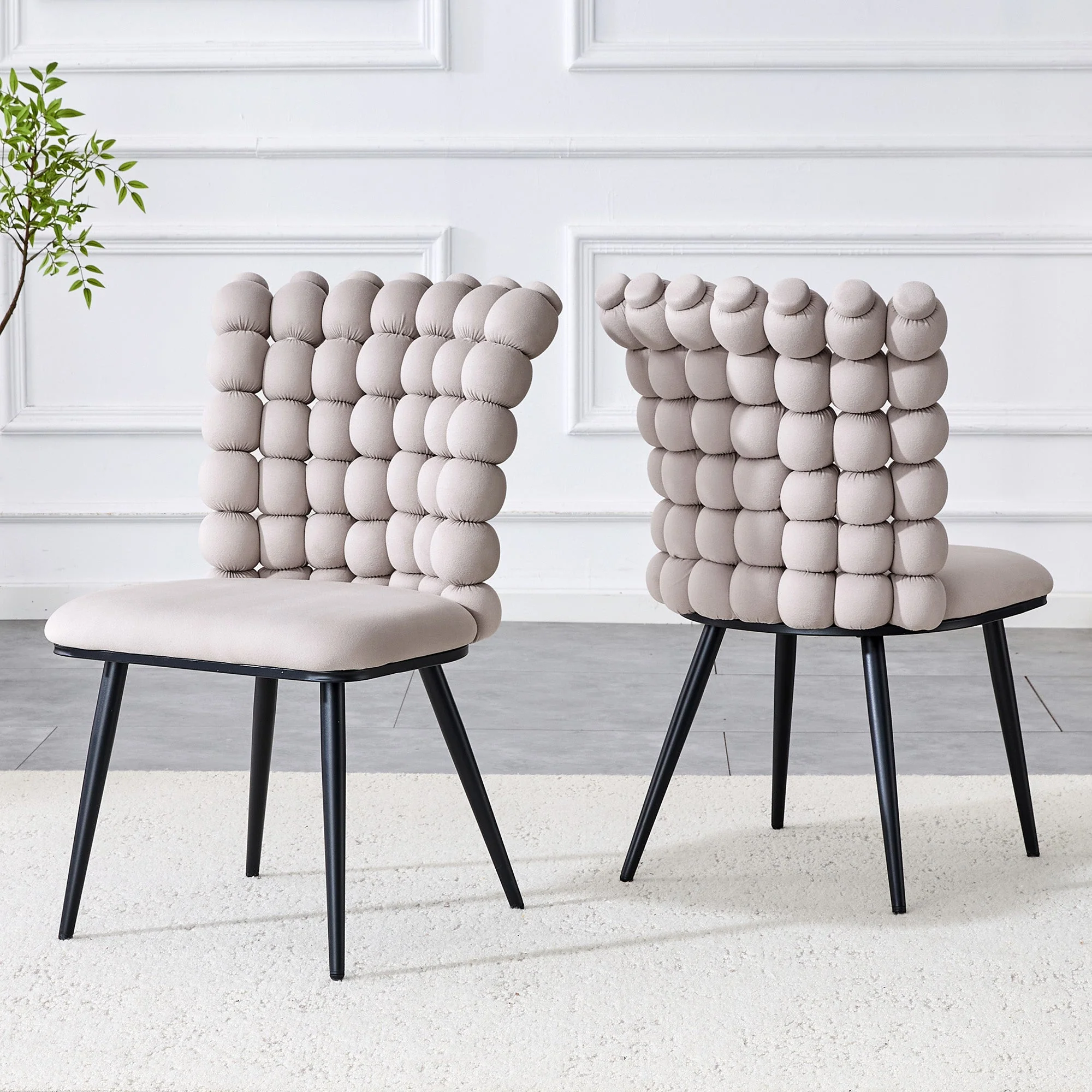 Dining Chairs Set of 2 Beaded Chain Black Metal Legs Light Grey Velvet - Image 2