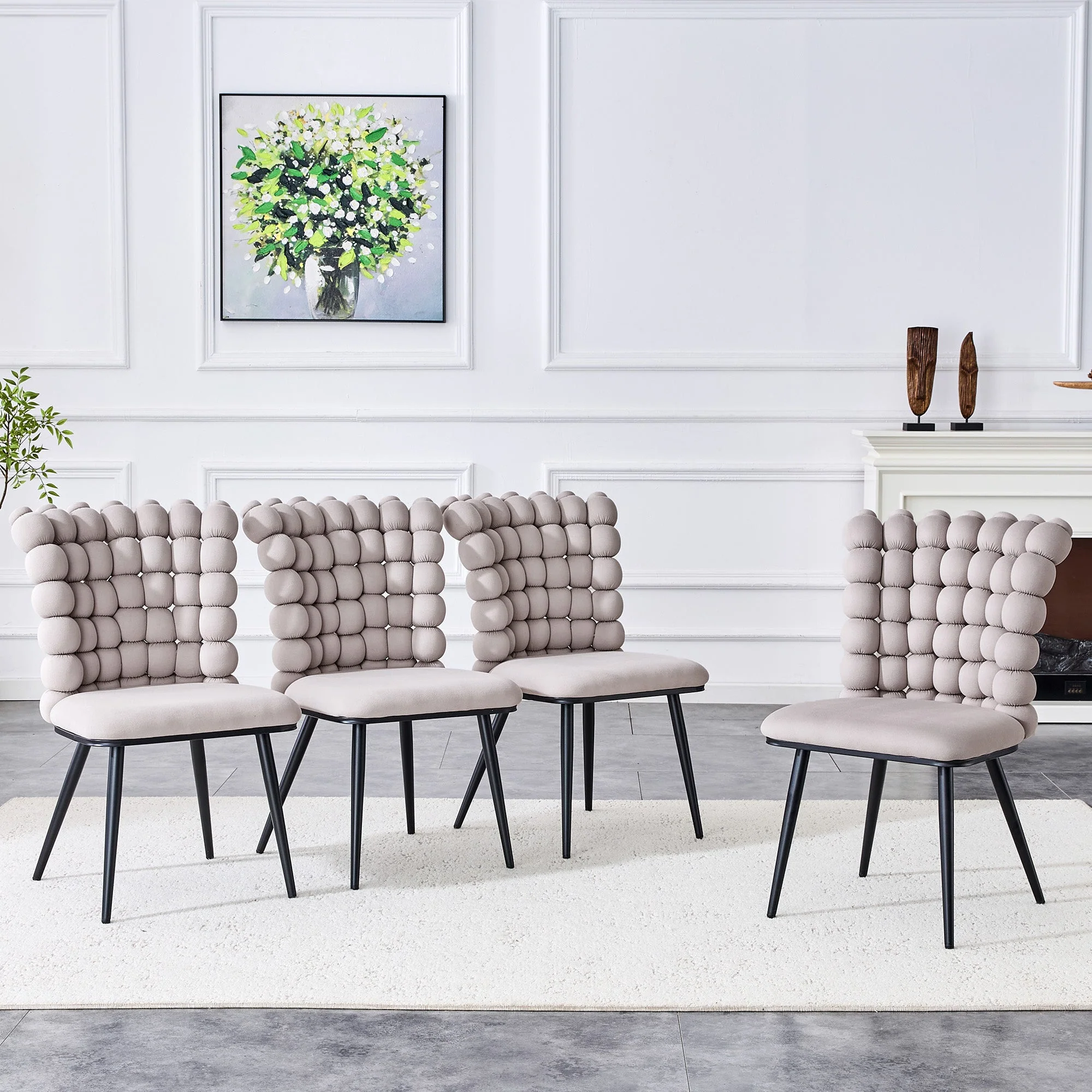 Dining Chairs Set of 2 Beaded Chain Black Metal Legs Light Grey Velvet - Image 7