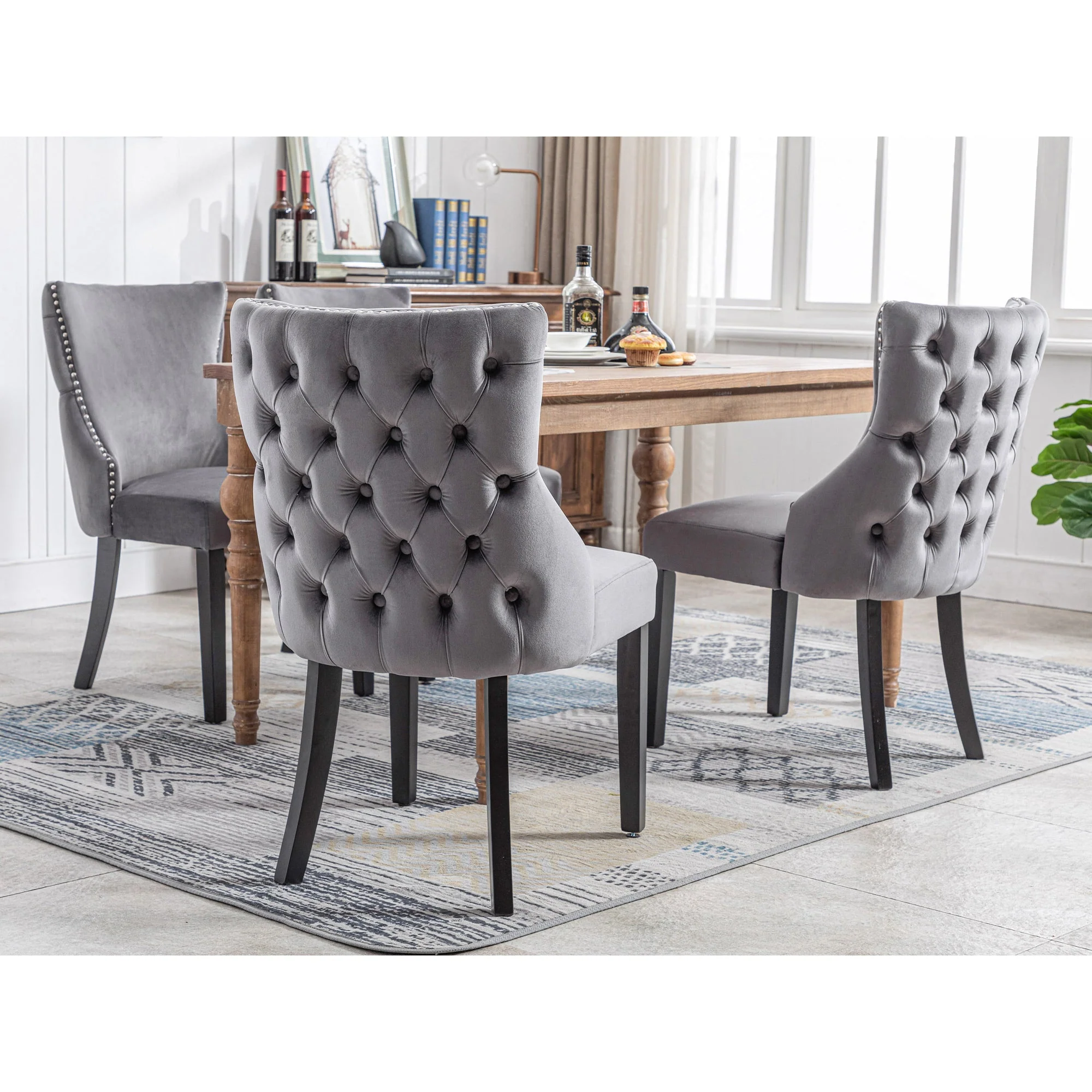Dining Chairs (Set of 2) Button Tufting Solid Wood Frame, Grey Velvet - Image 4