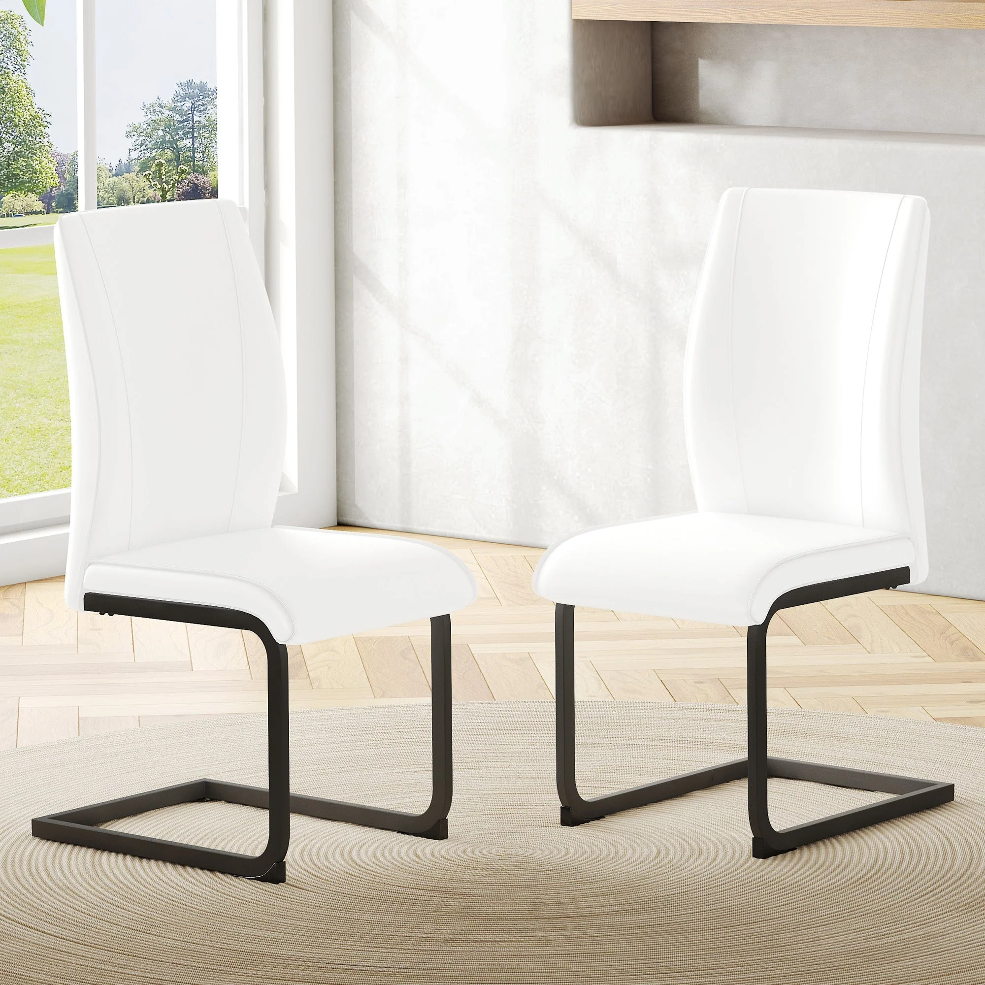 Dining Chairs Set of 2 Faux Leather Ergonomic Black Metal Legs - White - Image 2