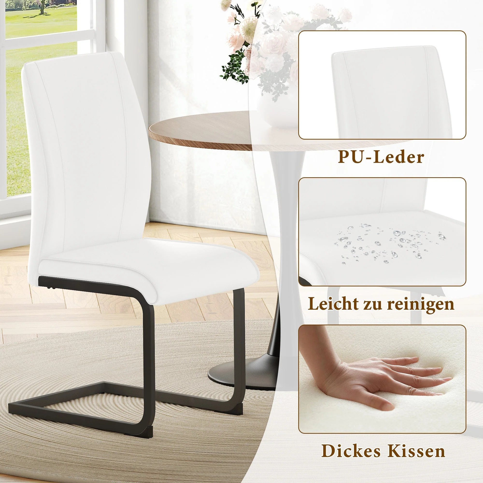 Dining Chairs Set of 2 Faux Leather Ergonomic Black Metal Legs - White - Image 4