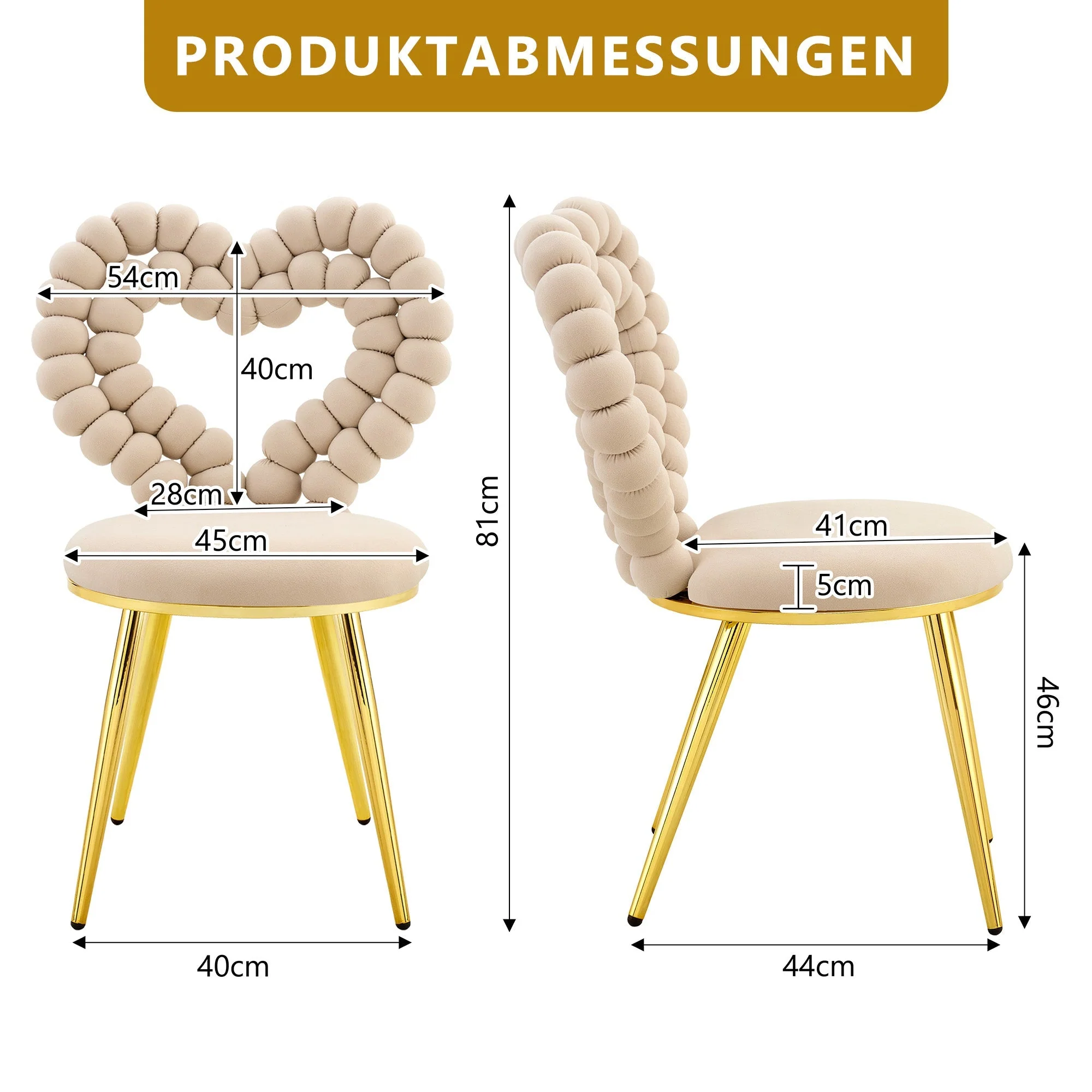 Dining Chairs (Set of 2) Heart Cutout Backrest Gold Metal Legs - Light Beige Velvet - Image 3