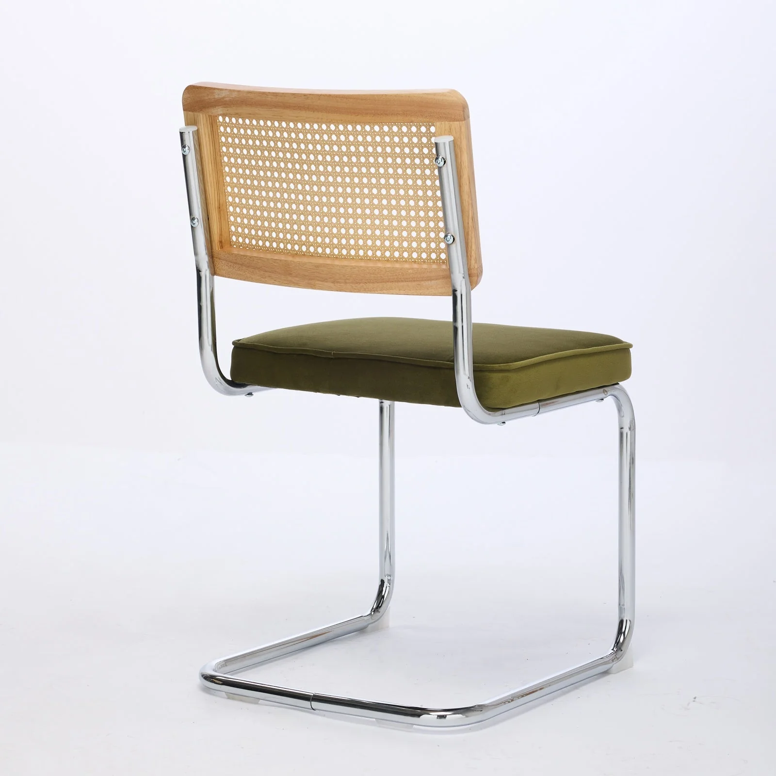 Dining Chairs Set of 2 Mid Century Modern Velvet Cane Back Chrome Base - Olive Green - Image 5