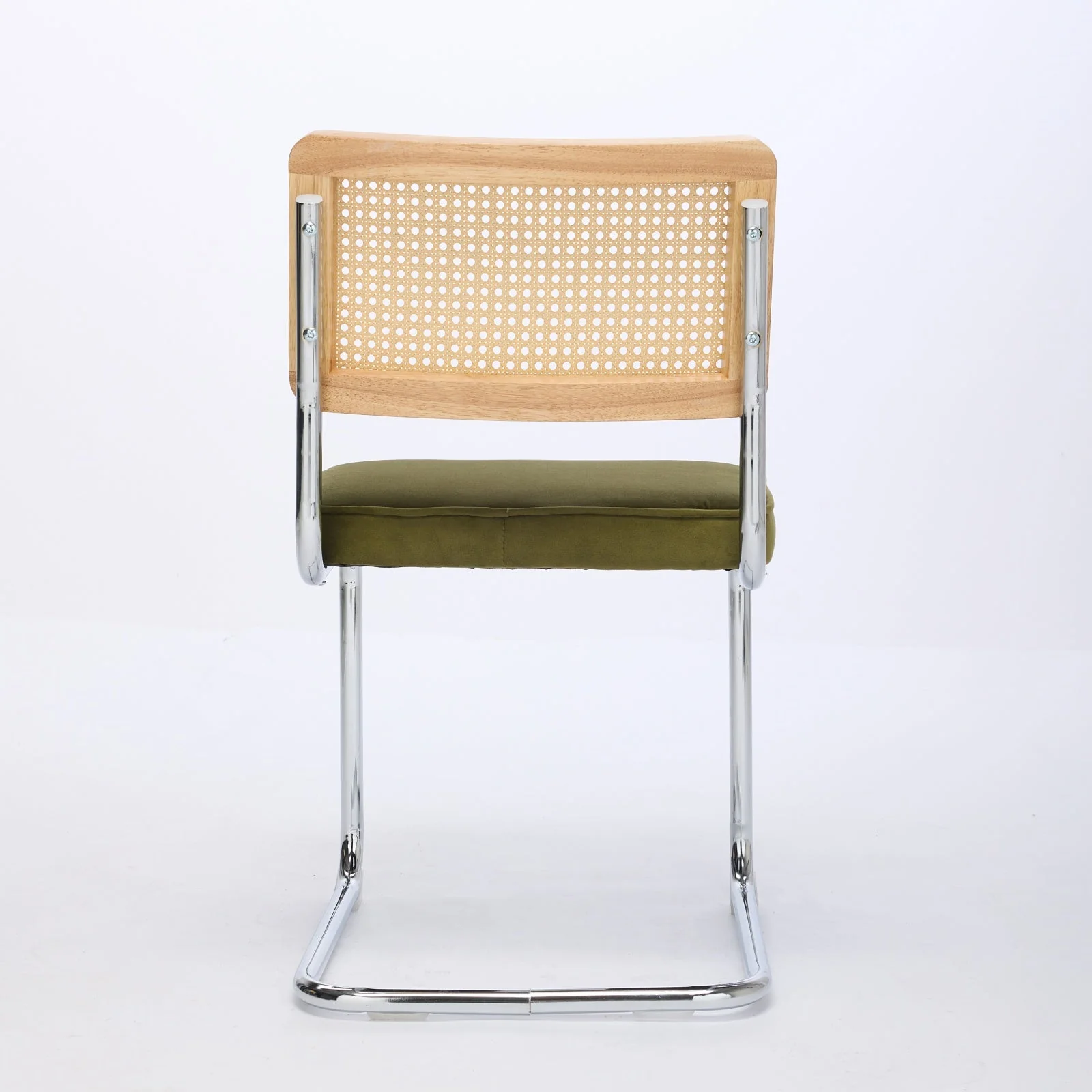 Dining Chairs Set of 2 Mid Century Modern Velvet Cane Back Chrome Base - Olive Green - Image 6