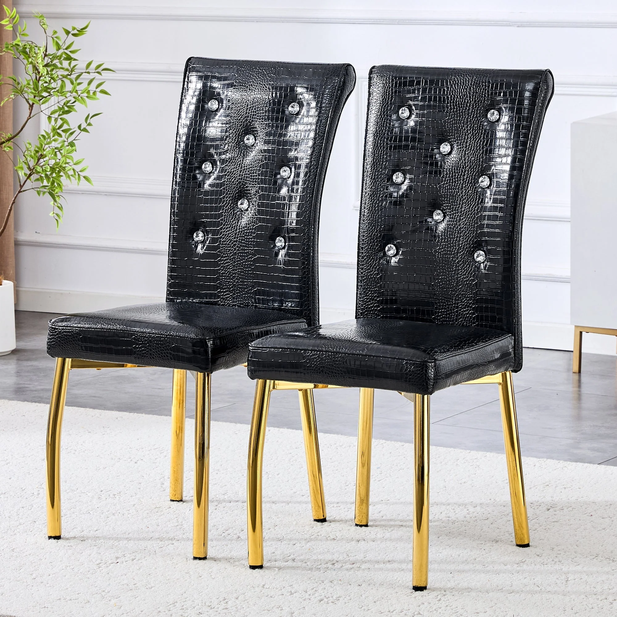 Dining Chairs Set of 2 Retro Upholstered Alligator-Skin Crystal Buckle Gold Legs Faux Leather - Image 2