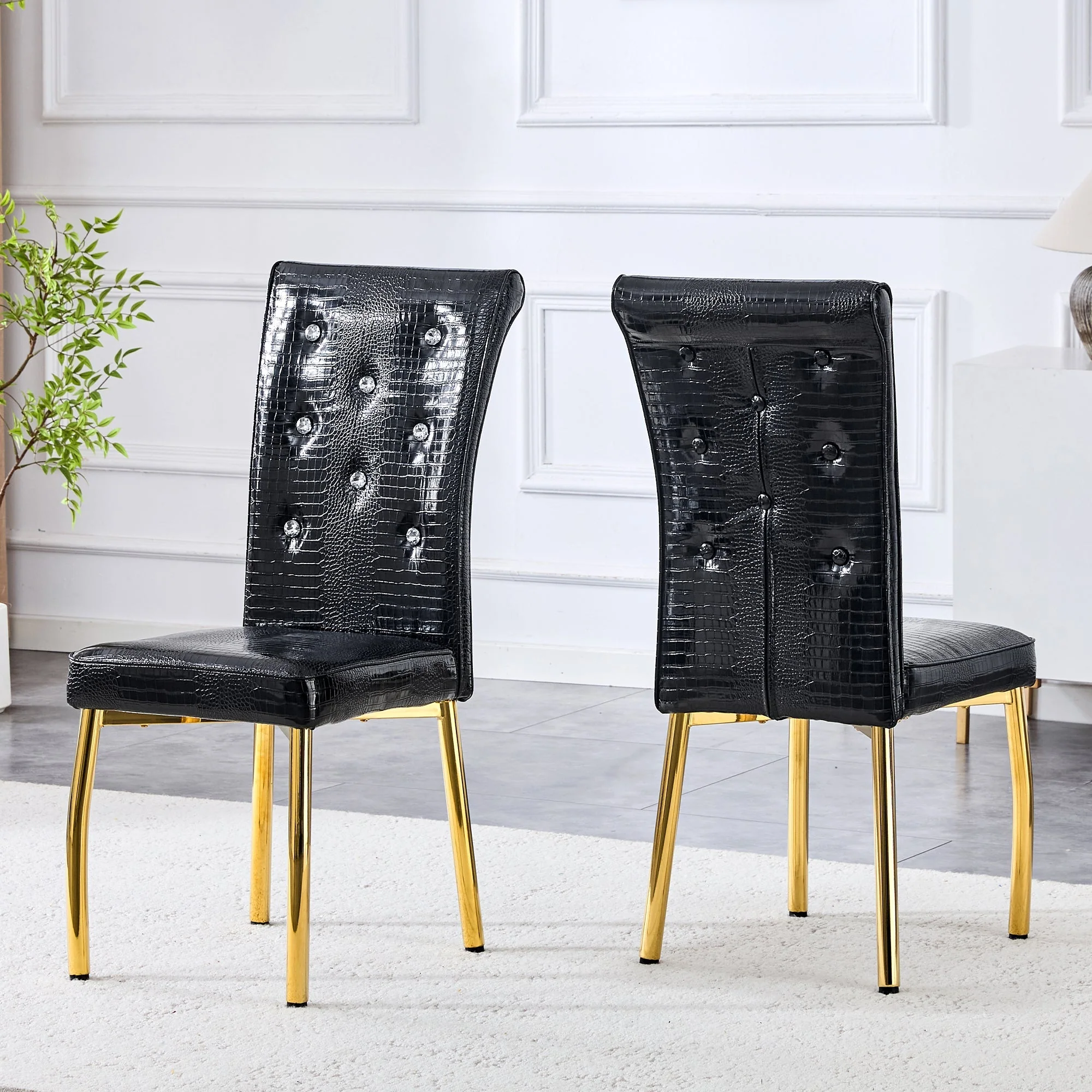 Dining Chairs Set of 2 Retro Upholstered Alligator-Skin Crystal Buckle Gold Legs Faux Leather - Image 3