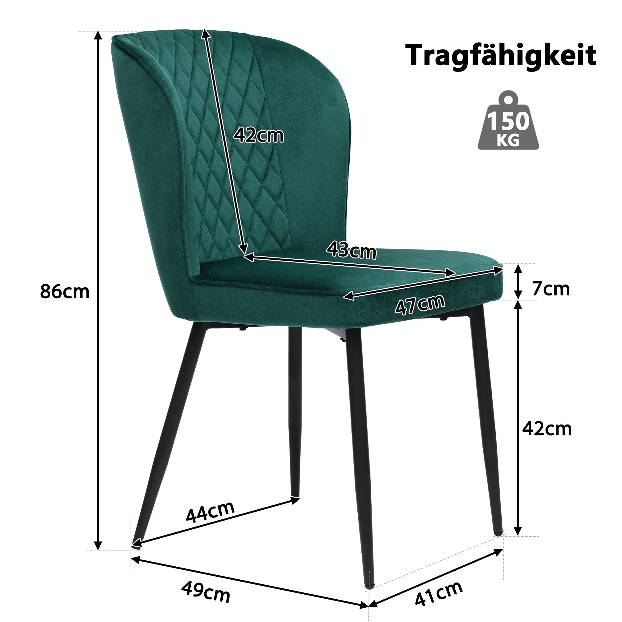 Dining Chairs Set of 2 Upholstered Velvet Seat Backrest Dark Green - Image 5