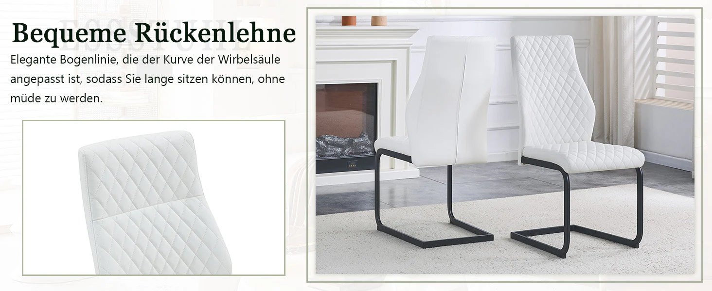 Dining Chairs Set of 2 with High Backrest and Diamond Pattern, White PU Leather and Metal - Image 10