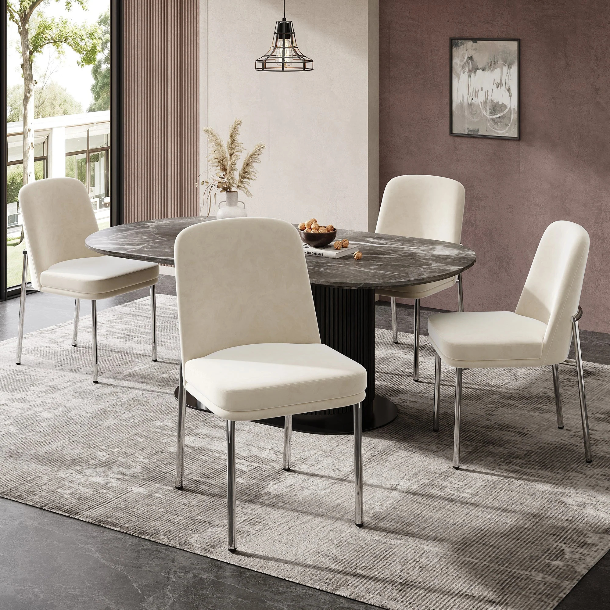 Dining Chairs Set of 4 Thickened Cushions Metal Legs - Velvet Beige