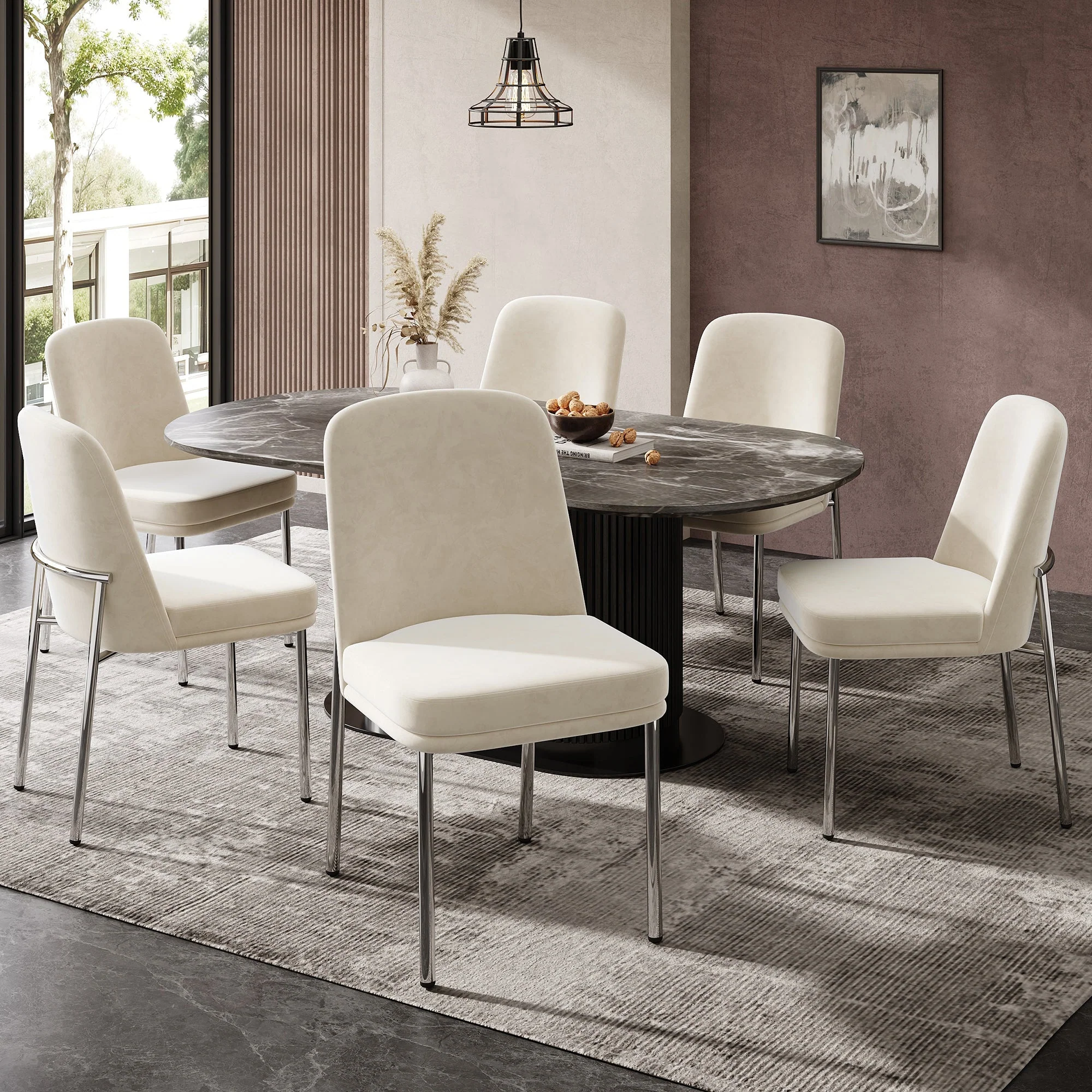 Dining Chairs Set of 4 Thickened Cushions Metal Legs - Velvet Beige - Image 10