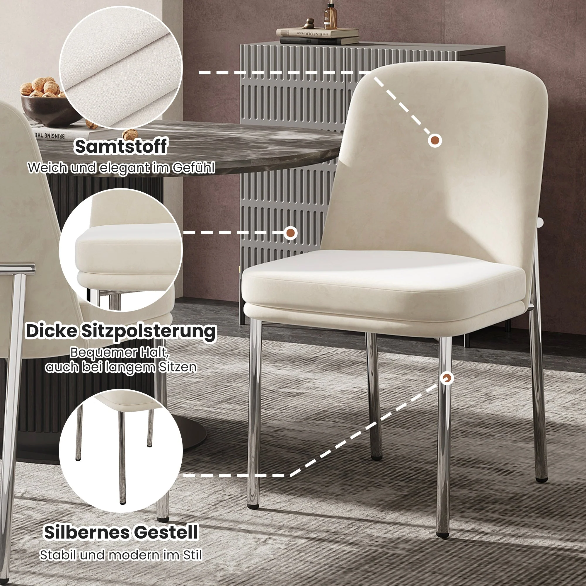 Dining Chairs Set of 4 Thickened Cushions Metal Legs - Velvet Beige - Image 9
