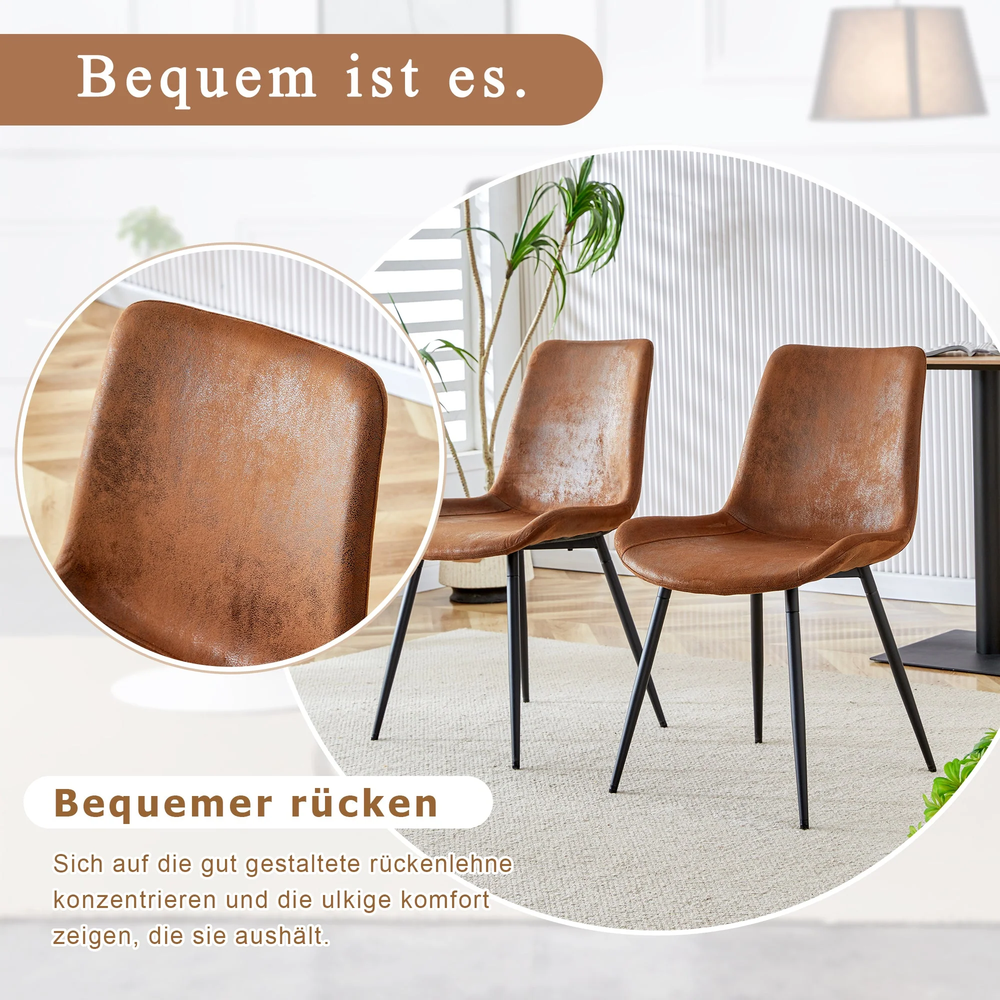 Dining Chairs Set of 4 Widened Seat Metal Legs - Brown Tech-Fabric - Image 5