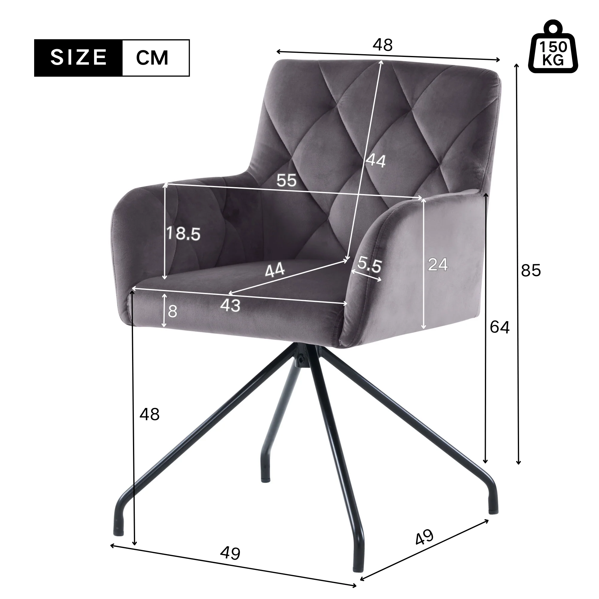 Dining Chairs Set of 4 with Diamond Pattern, Metal Legs and Lumbar Support, Grey Velvet - Image 6