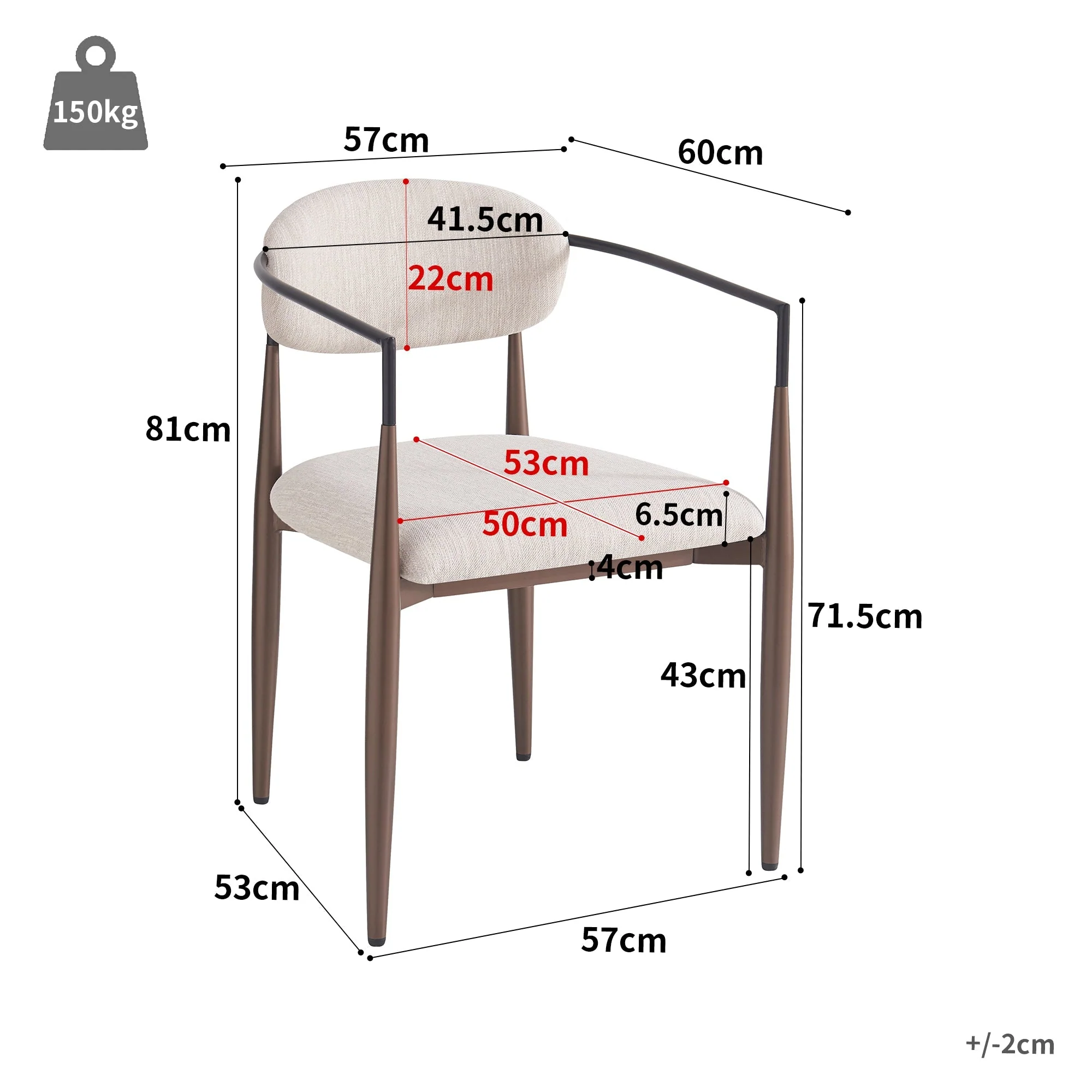 Dining & Makeup Chair Set of 2, Modern Ergonomic Adjustable Legs - Linen Fabric - Image 3