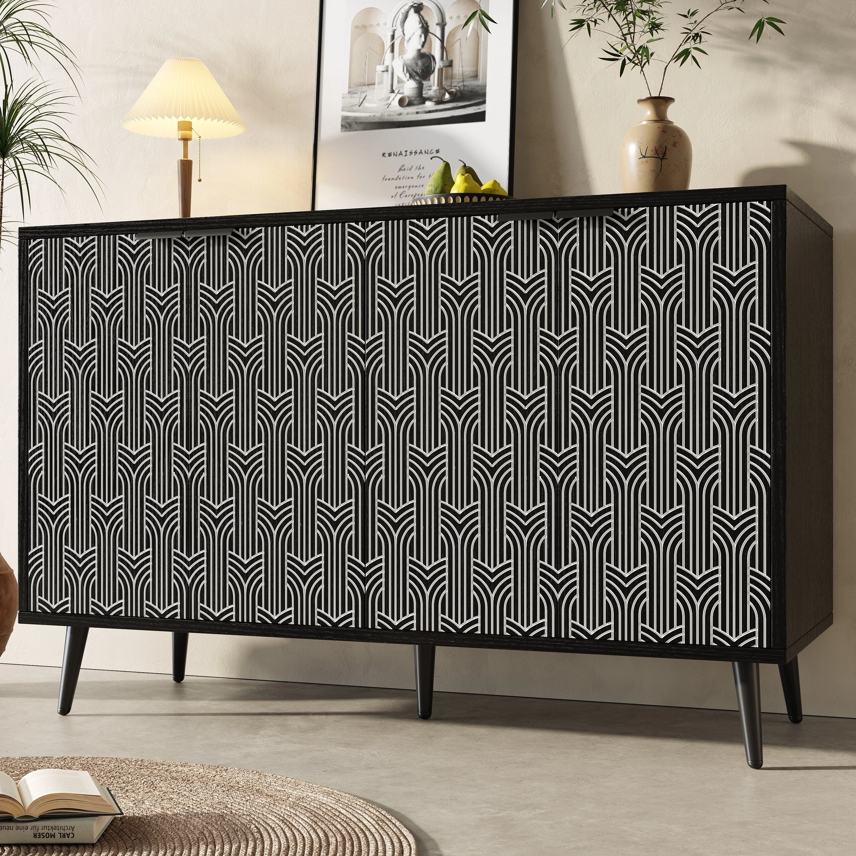Dining Room Cabinet Freestanding Storage Unique Carved Herringbone Door Black - Image 4