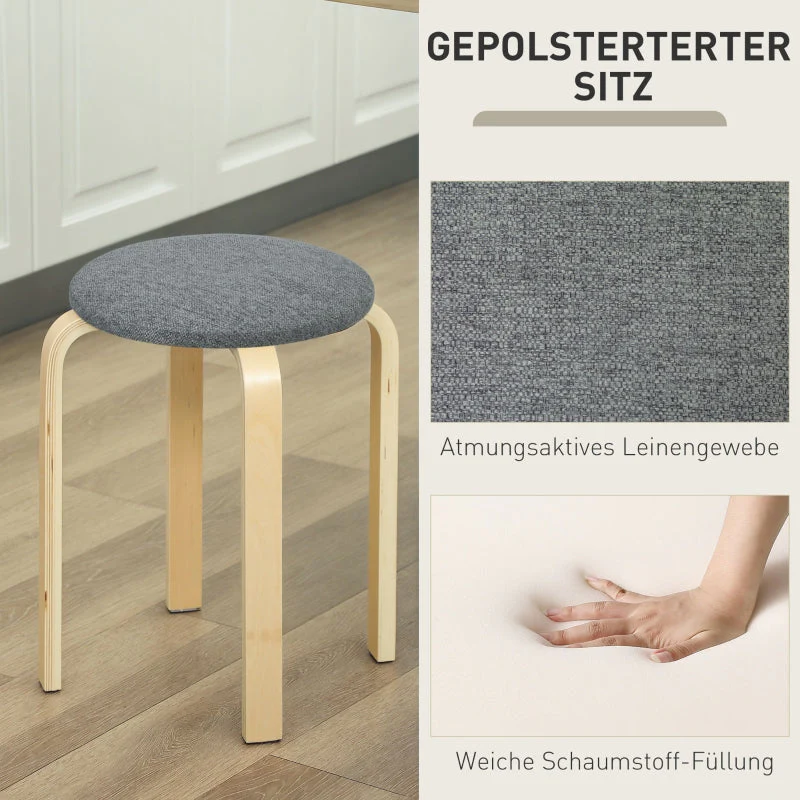 Dining Room Stools, Stackable Round Upholstered, Linen Look Grey - Image 5