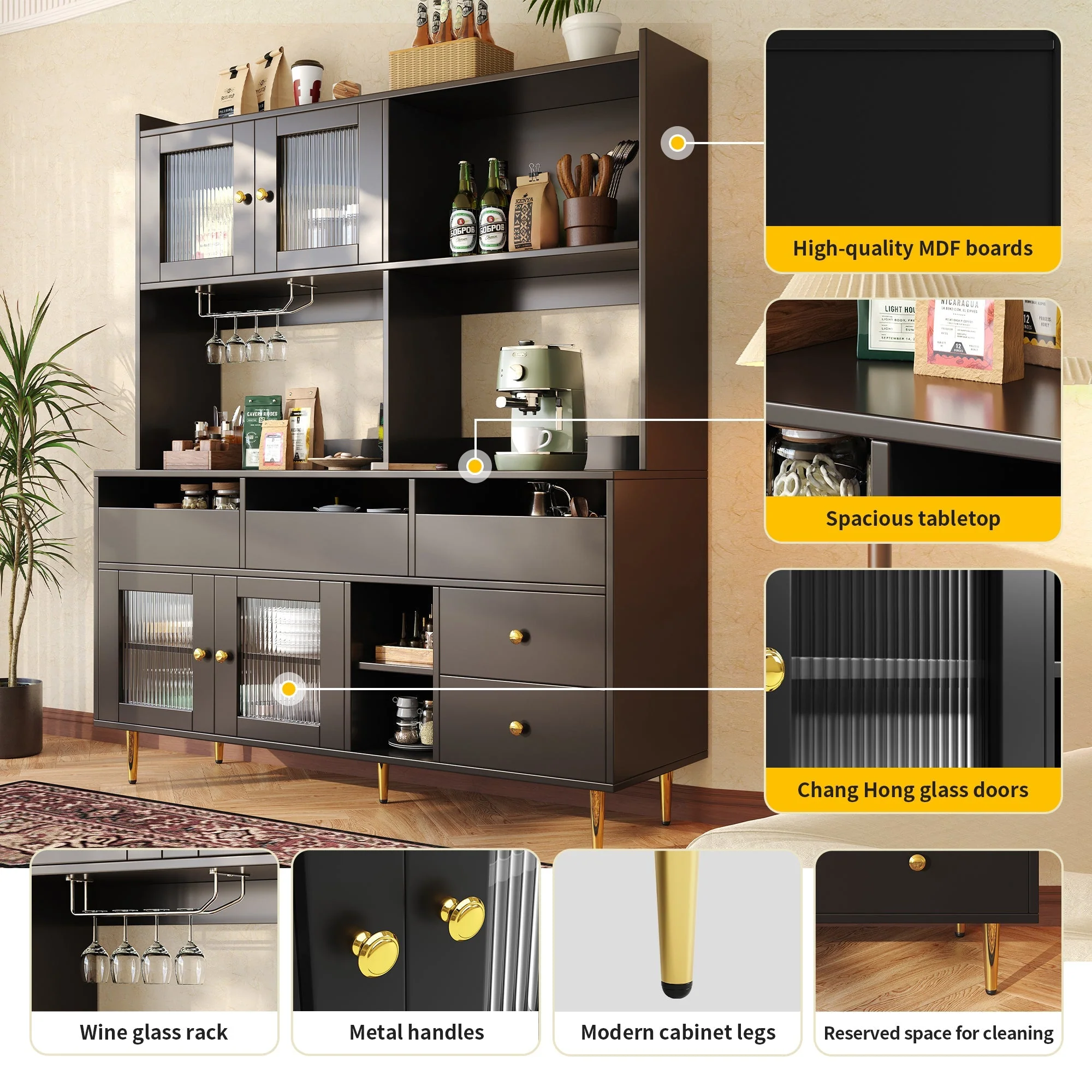 Dining Room Tall Cabinet 145x39x171cm Perforated Glass Doors Wine Rack Storage - Black/Gold - Image 10