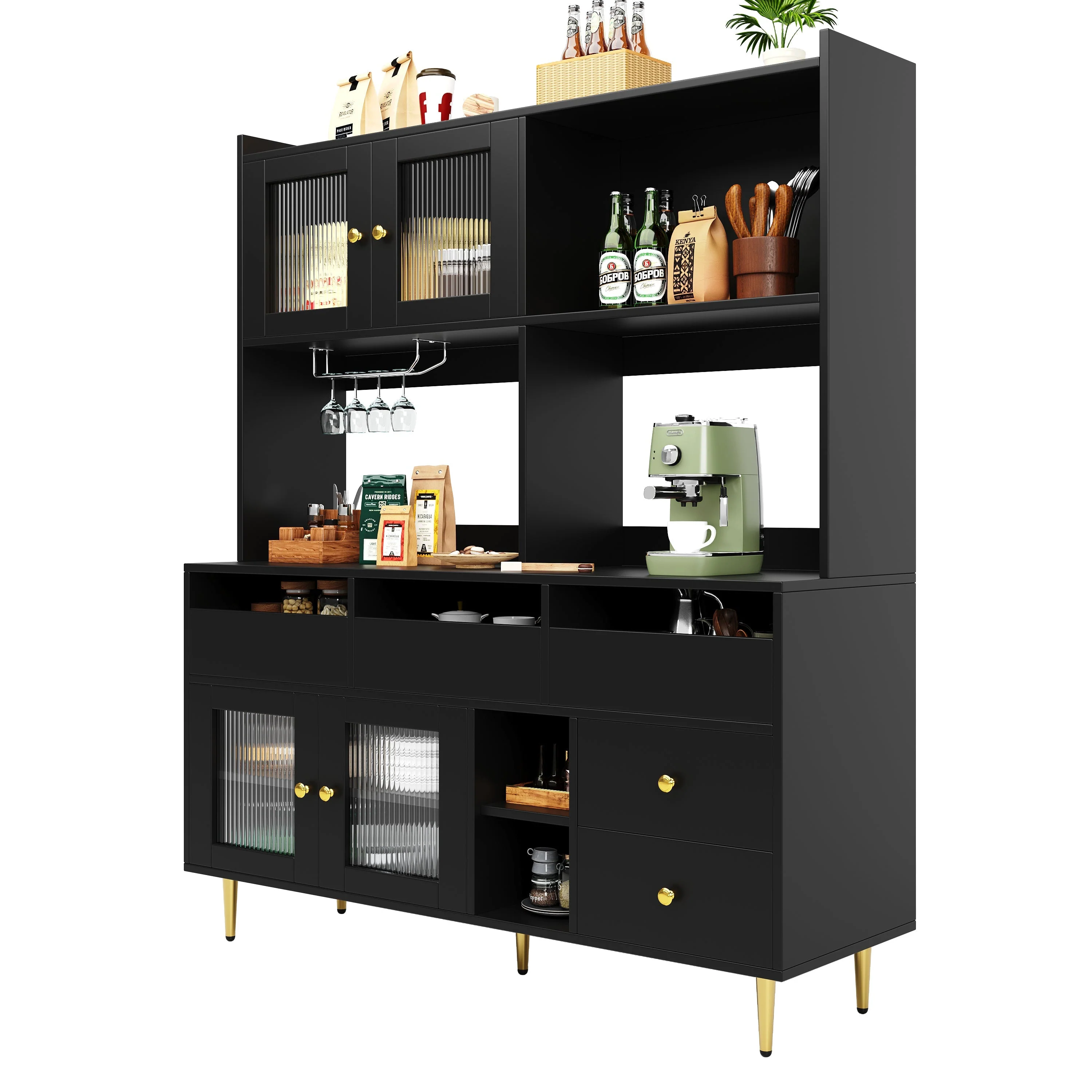 Dining Room Tall Cabinet 145x39x171cm Perforated Glass Doors Wine Rack Storage - Black/Gold - Image 7