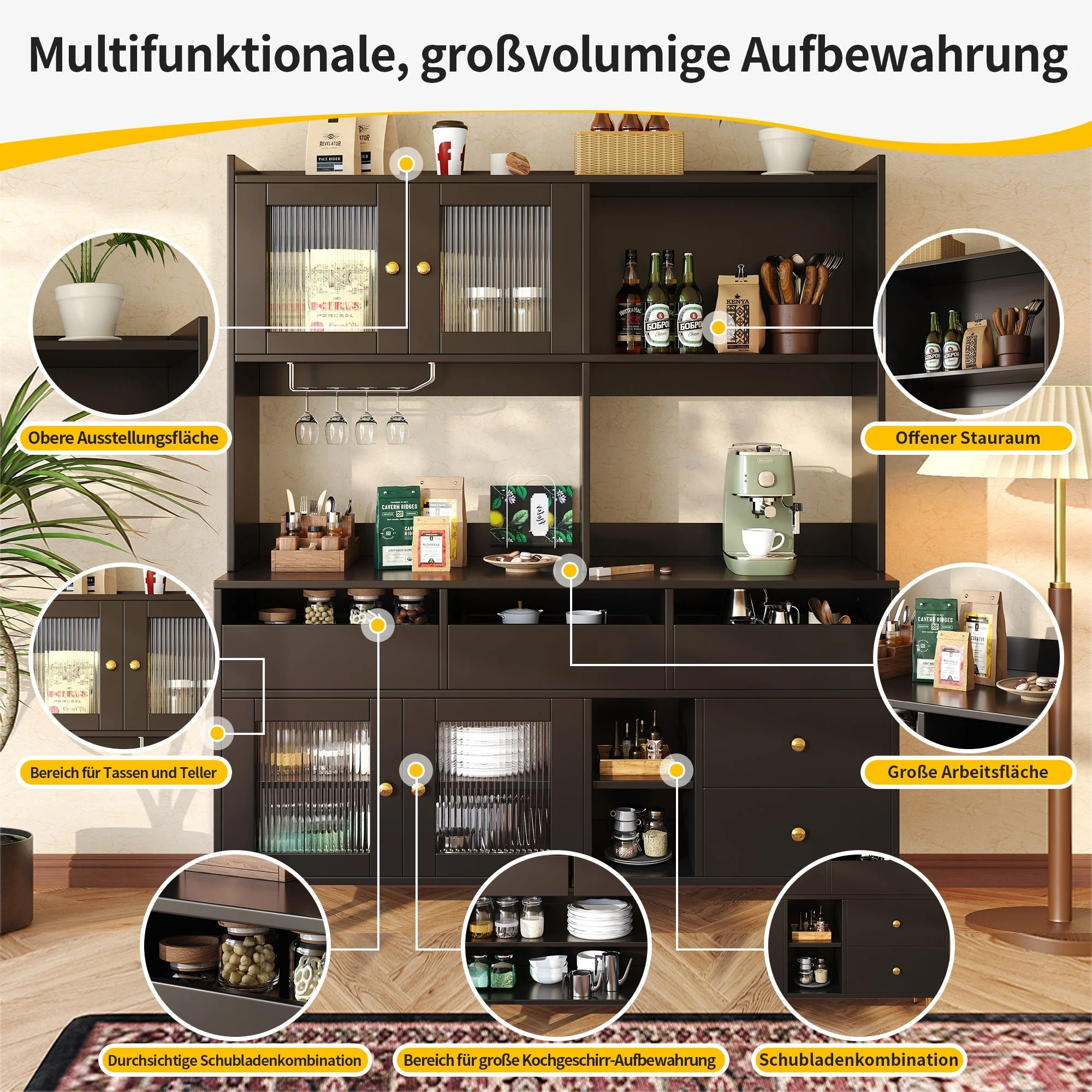 Dining Room Tall Cabinet 145x39x171cm Perforated Glass Doors Wine Rack Storage - Black/Gold - Image 9