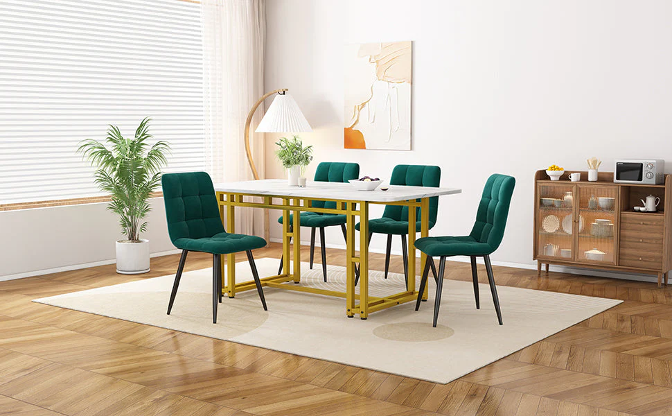 Dining Set 120x70cm with 4 Chairs Modern Gold Iron Leg Dark Green Velvet - Image 2
