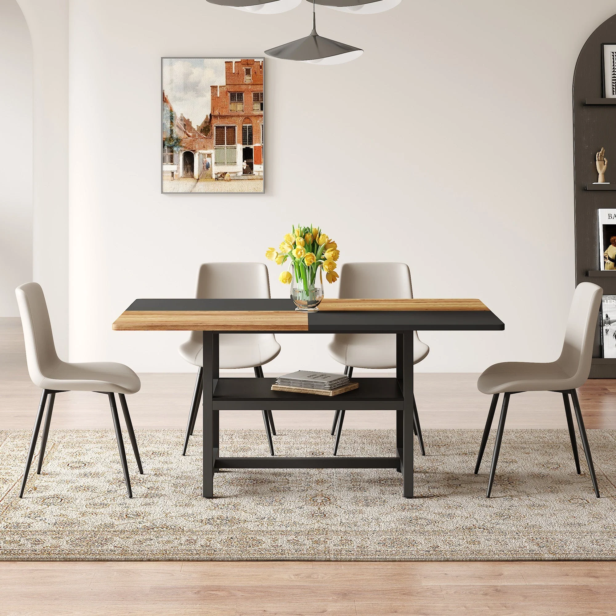 Dining Set 160cm Rectangular Storage 4 PU Chairs - Warm Grey