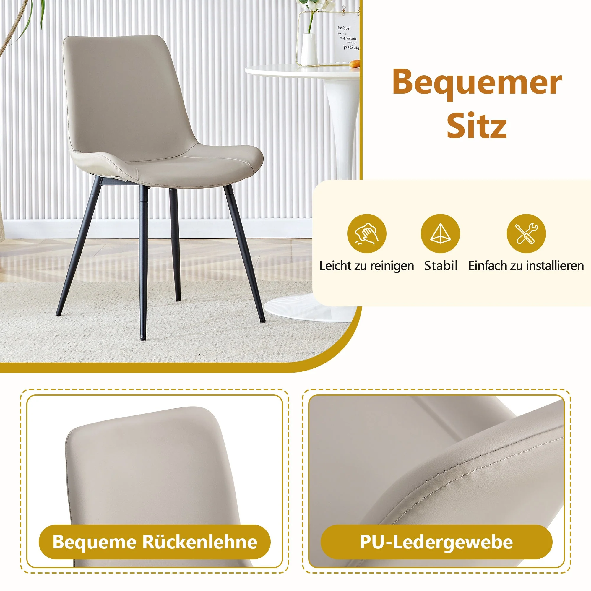 Dining Set 160cm Rectangular Storage 4 PU Chairs - Warm Grey - Image 5