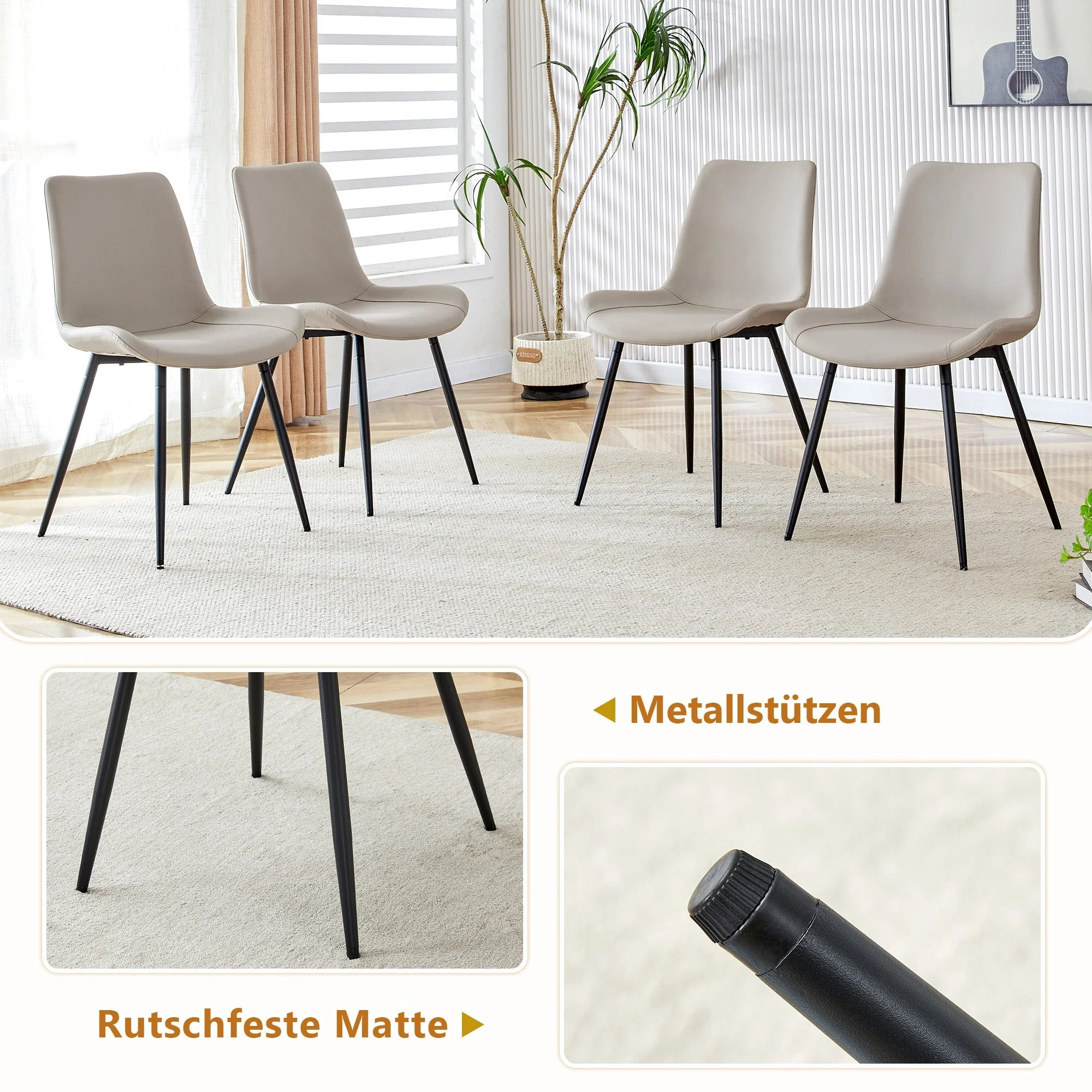 Dining Set 160cm Rectangular Storage 4 PU Chairs - Warm Grey - Image 6
