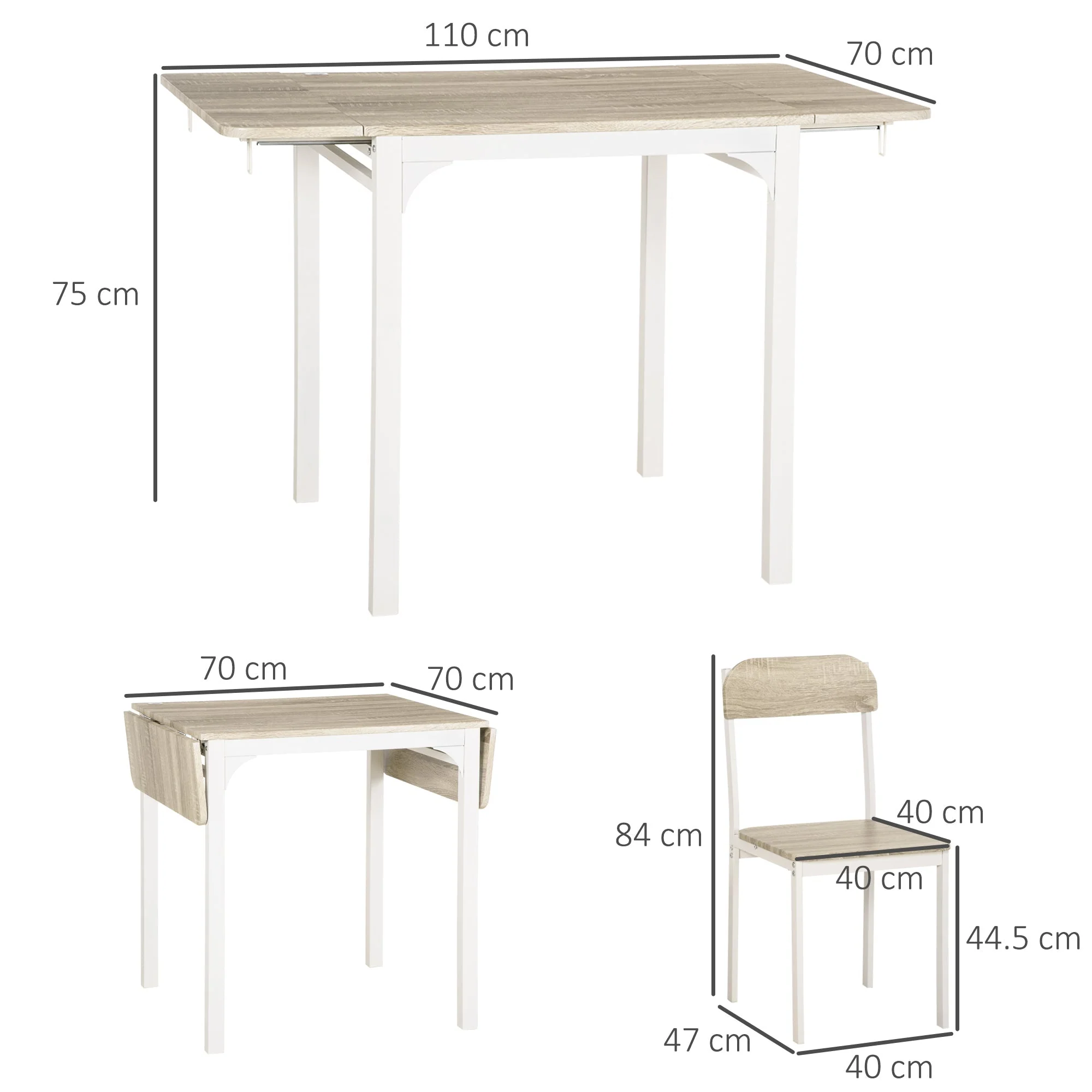 Dining Set, 3-Piece with Folding Table & 2 Chairs, Steel MDF, Natural White - Image 3