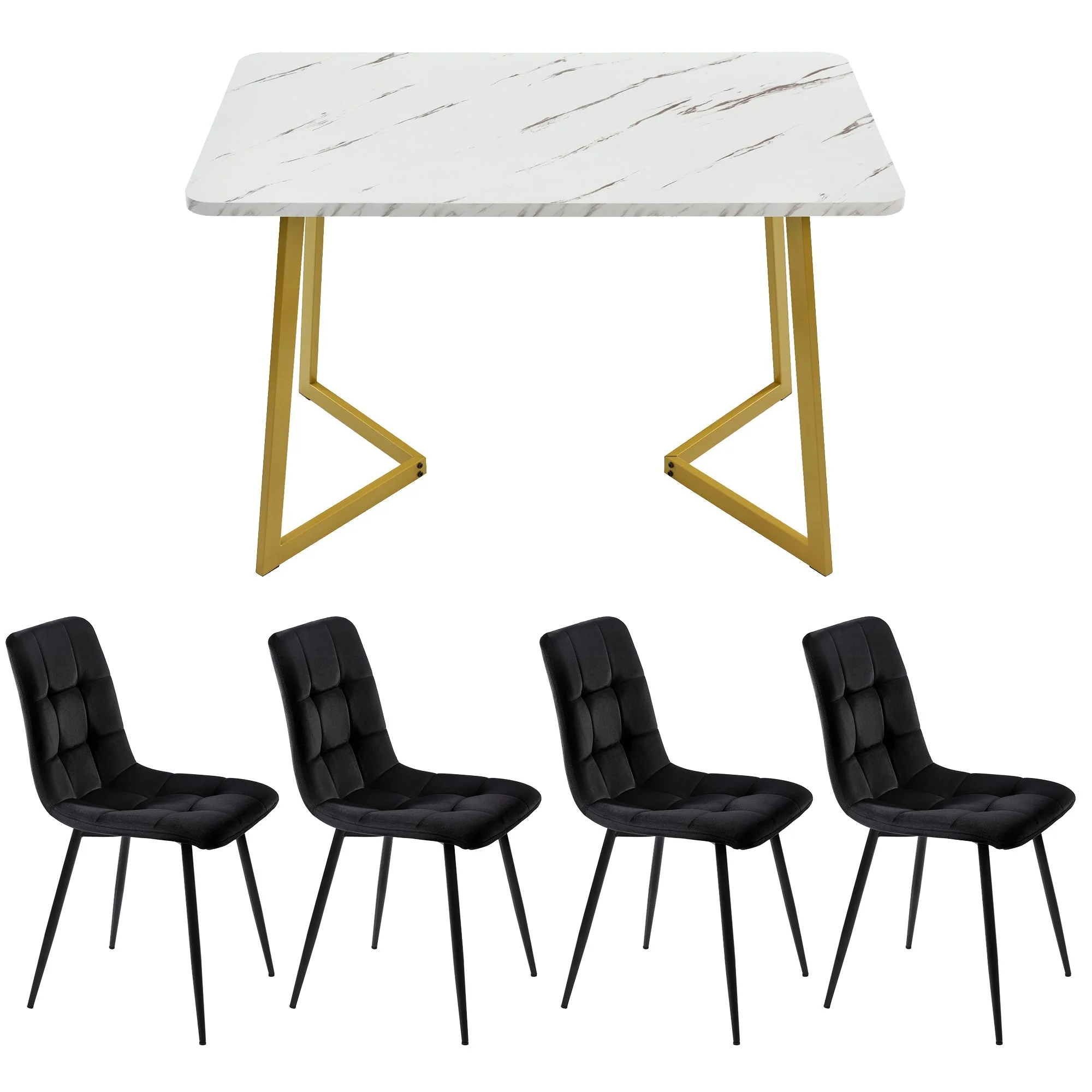 Dining Set 5-Piece 117cm Rectangular Table Black Velvet Gold Legs - Image 4