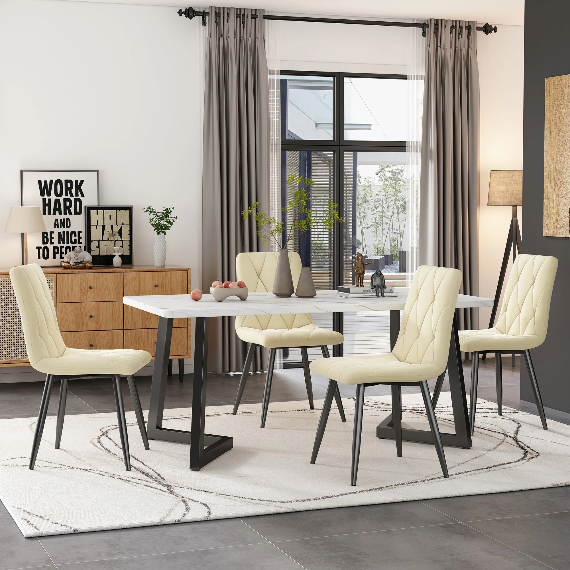 Dining Set 5-Piece 117x68cm Rectangular Kitchen Table Beige Twill Velvet/Black Legs