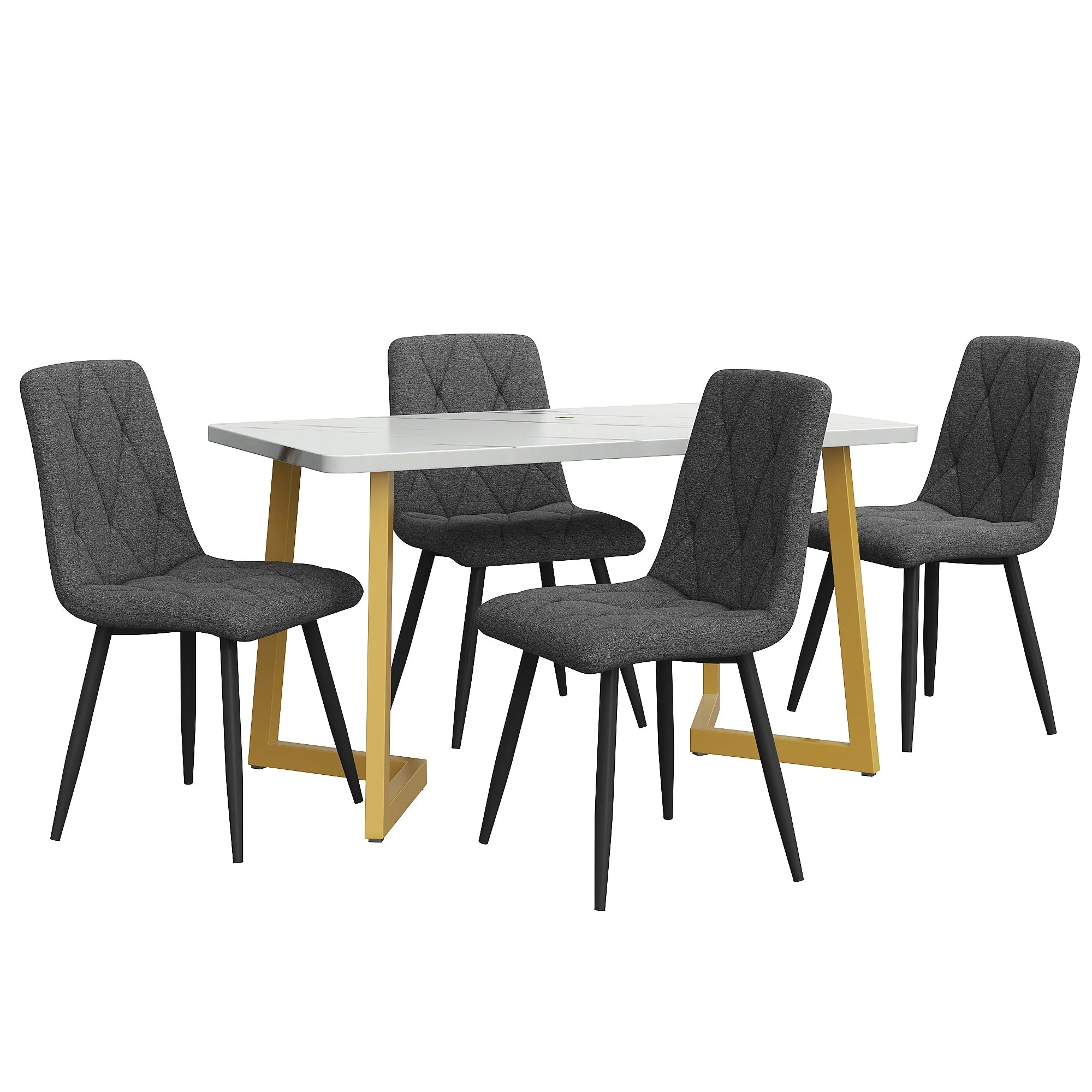 Dining Set 5-Piece 117x68cm Rectangular Table 4 Chairs Dark Grey Twill Linen Golden Legs - Image 4