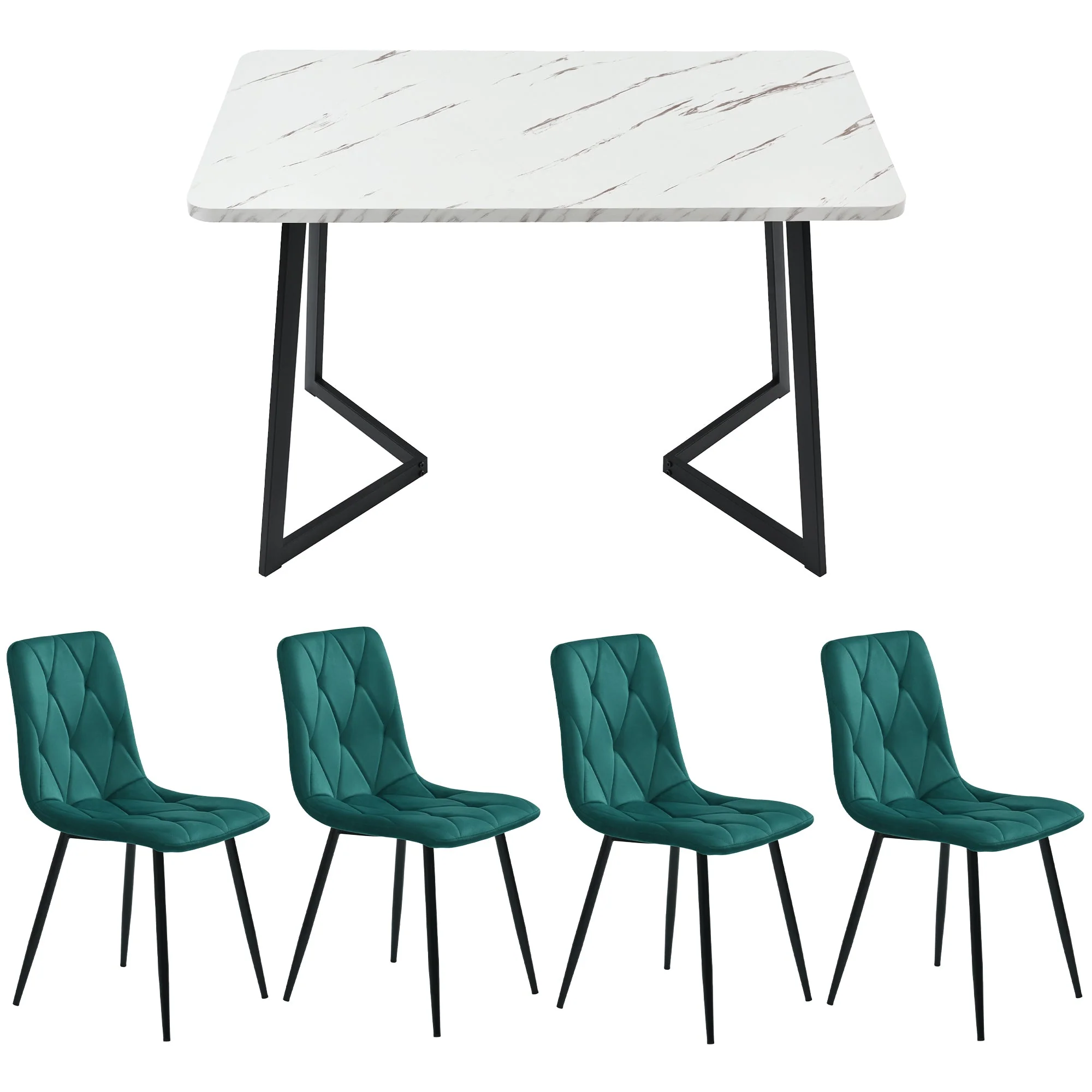 Dining Set 5-Piece 117x68cm Rectangular Table 4 Dark Green Twill Velvet Chairs Black - Image 5