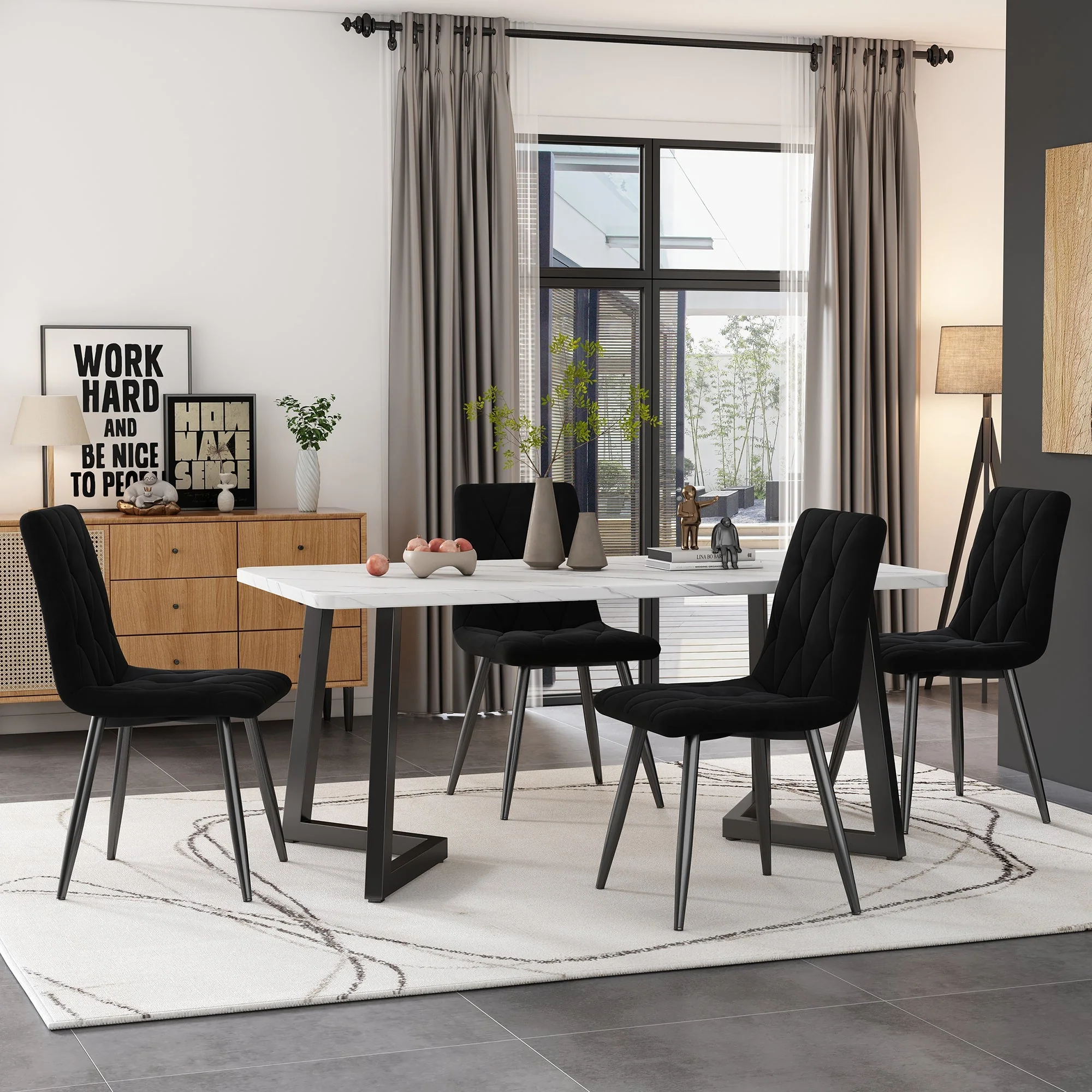 Dining Set 5-Piece 117x68cm Rectangular Table with 4 Chairs Black Twill Velvet Black Legs