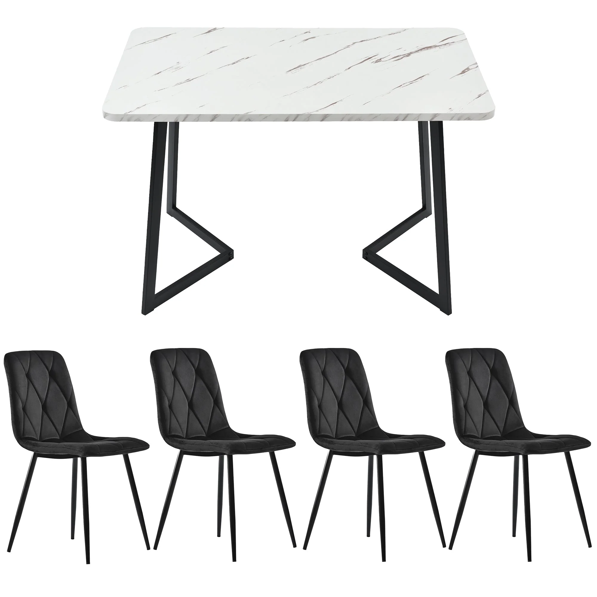 Dining Set 5-Piece 117x68cm Rectangular Table with 4 Chairs Black Twill Velvet Black Legs - Image 3