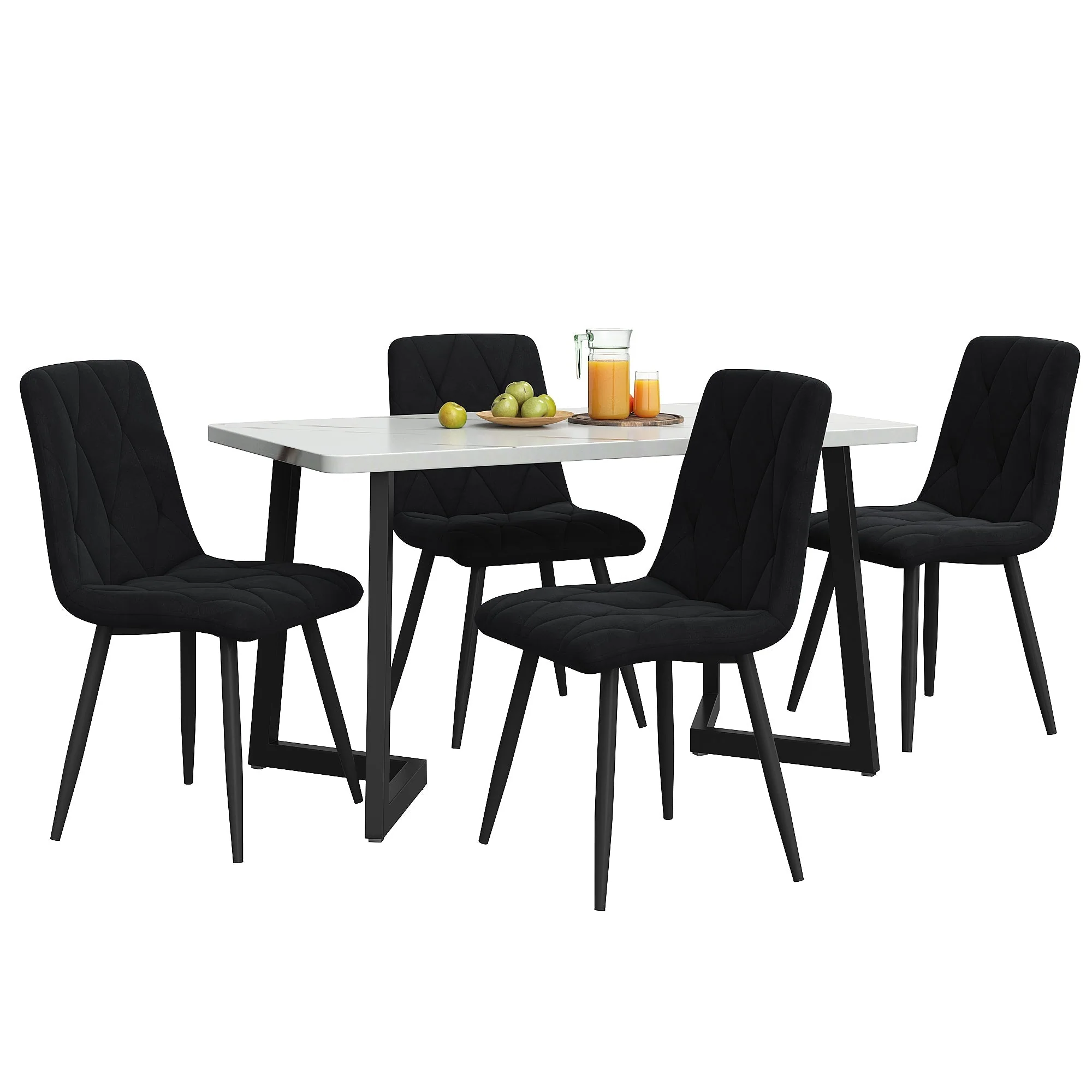 Dining Set 5-Piece 117x68cm Rectangular Table with 4 Chairs Black Twill Velvet Black Legs - Image 4