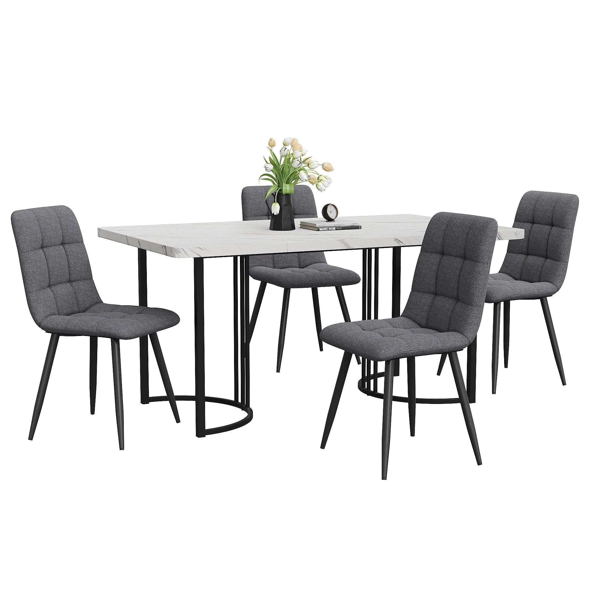 Dining Set 5-Piece 140x80cm Modern Kitchen 4 Chairs Black Legs - White MDF Dark Grey Linen - Image 3