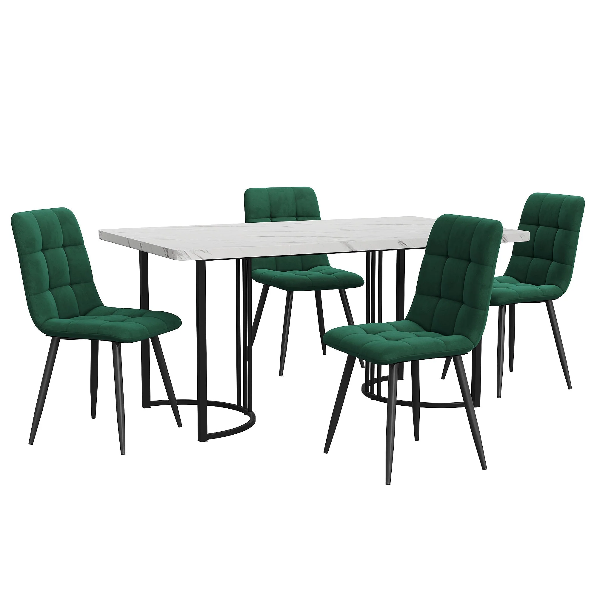Dining Set 5-Piece 140x80cm Table White MDF Black Metal Legs Dark Green Velvet - Image 4