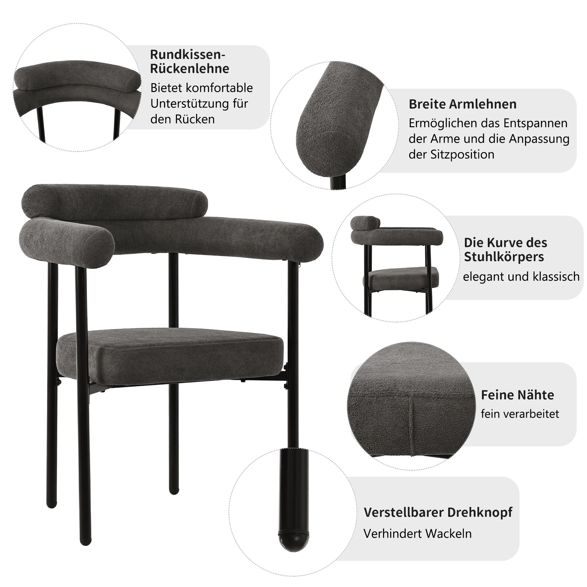 Dining Set (5-Piece) - 4 Armchairs, Designer Metal Legs - Grey Suede - Image 8