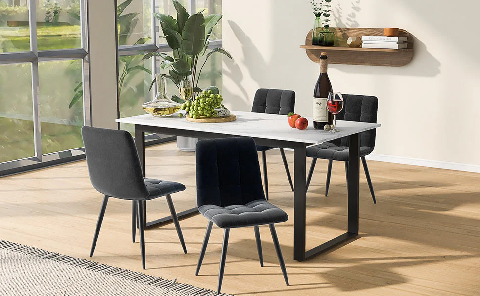 Dining Set 5-Piece, Extendable 140-180cm Table with 4 Modern Grey Velvet Chairs, White MDF Black Legs - Image 2