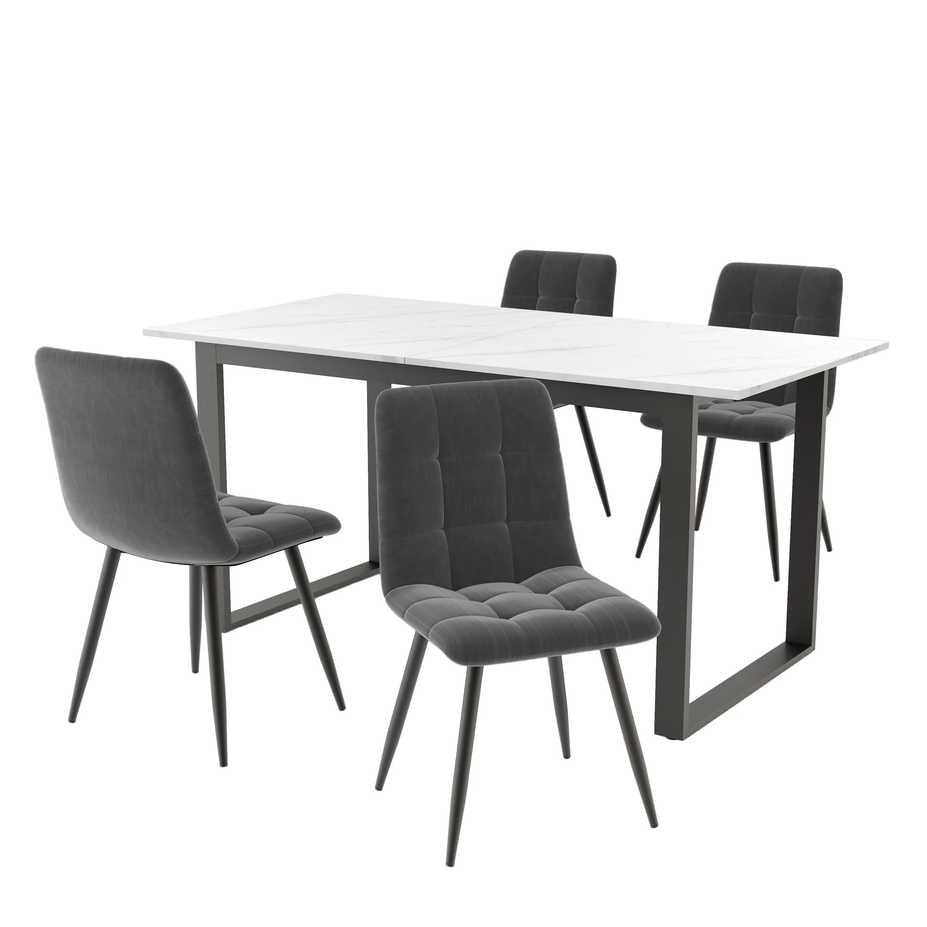 Dining Set 5-Piece, Extendable 140-180cm Table with 4 Modern Grey Velvet Chairs, White MDF Black Legs - Image 3