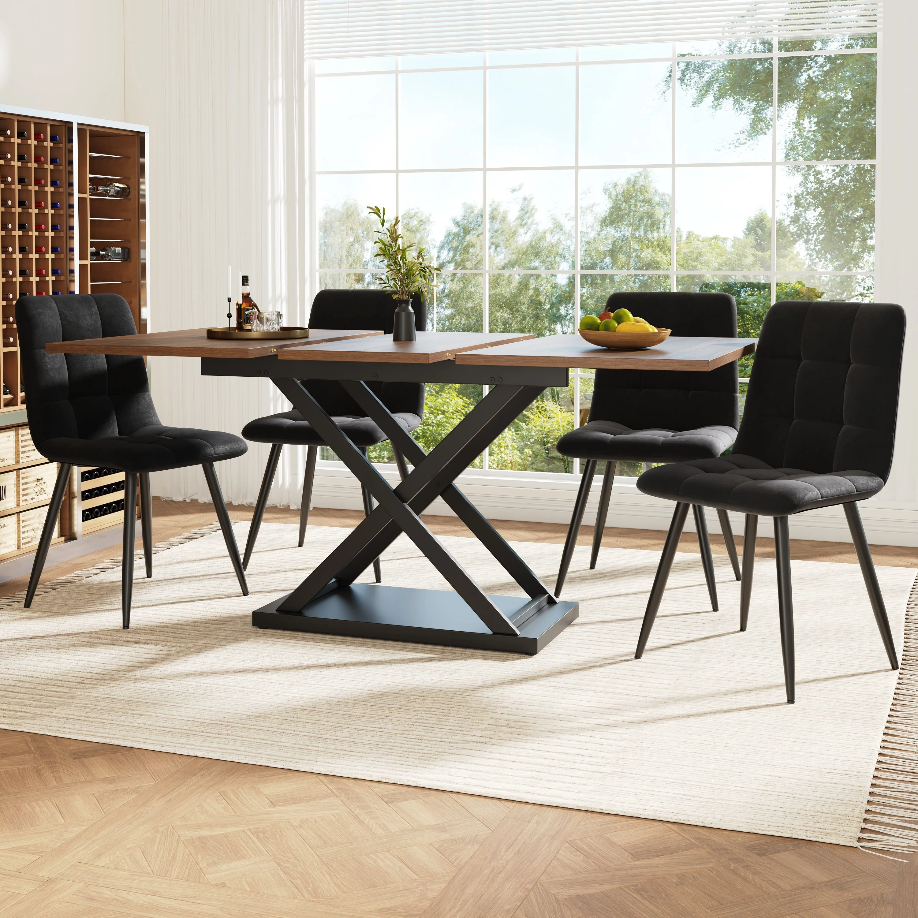 Dining Set, 5-Piece Extendable for 4, Black Velvet & Walnut - Image 2