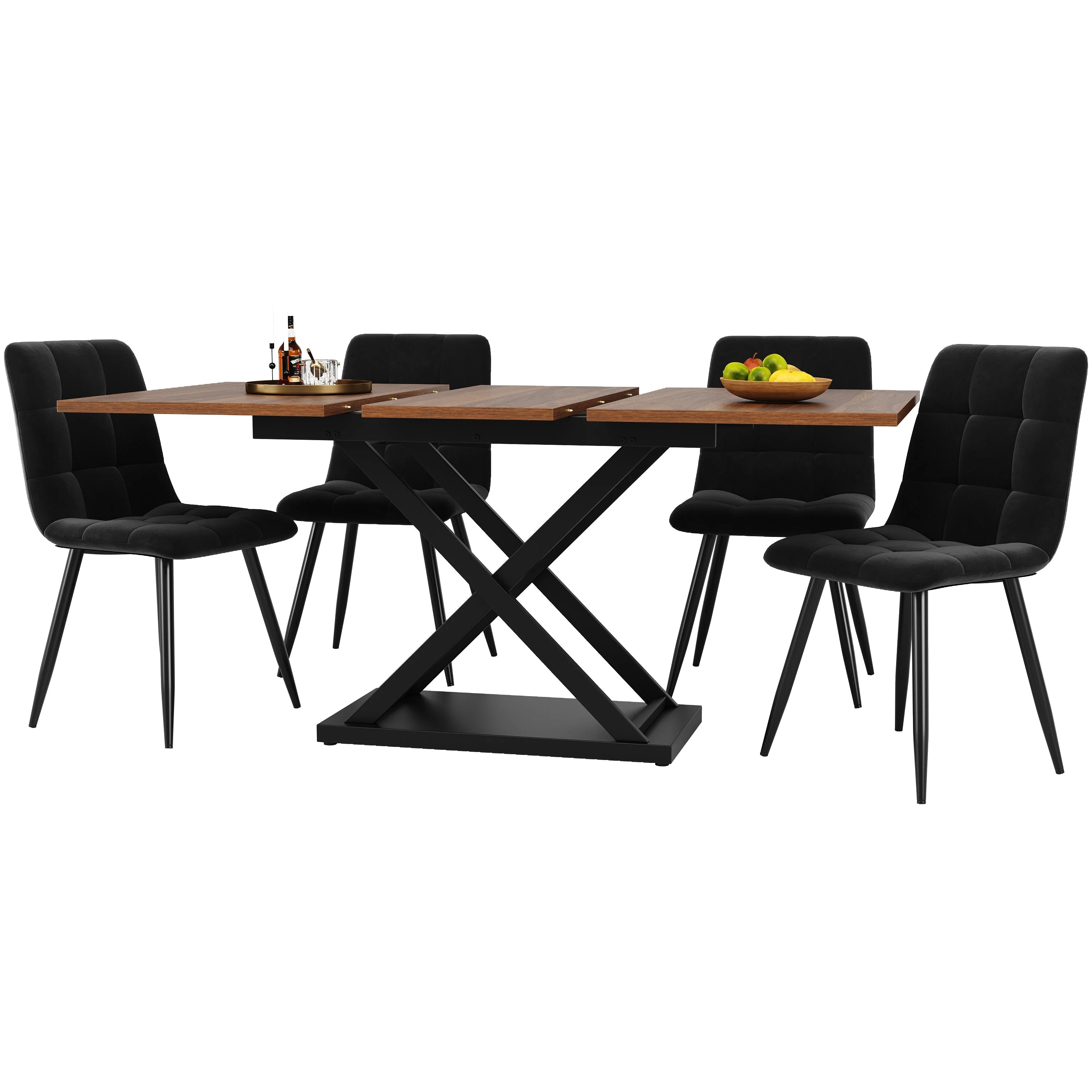 Dining Set, 5-Piece Extendable for 4, Black Velvet & Walnut - Image 3