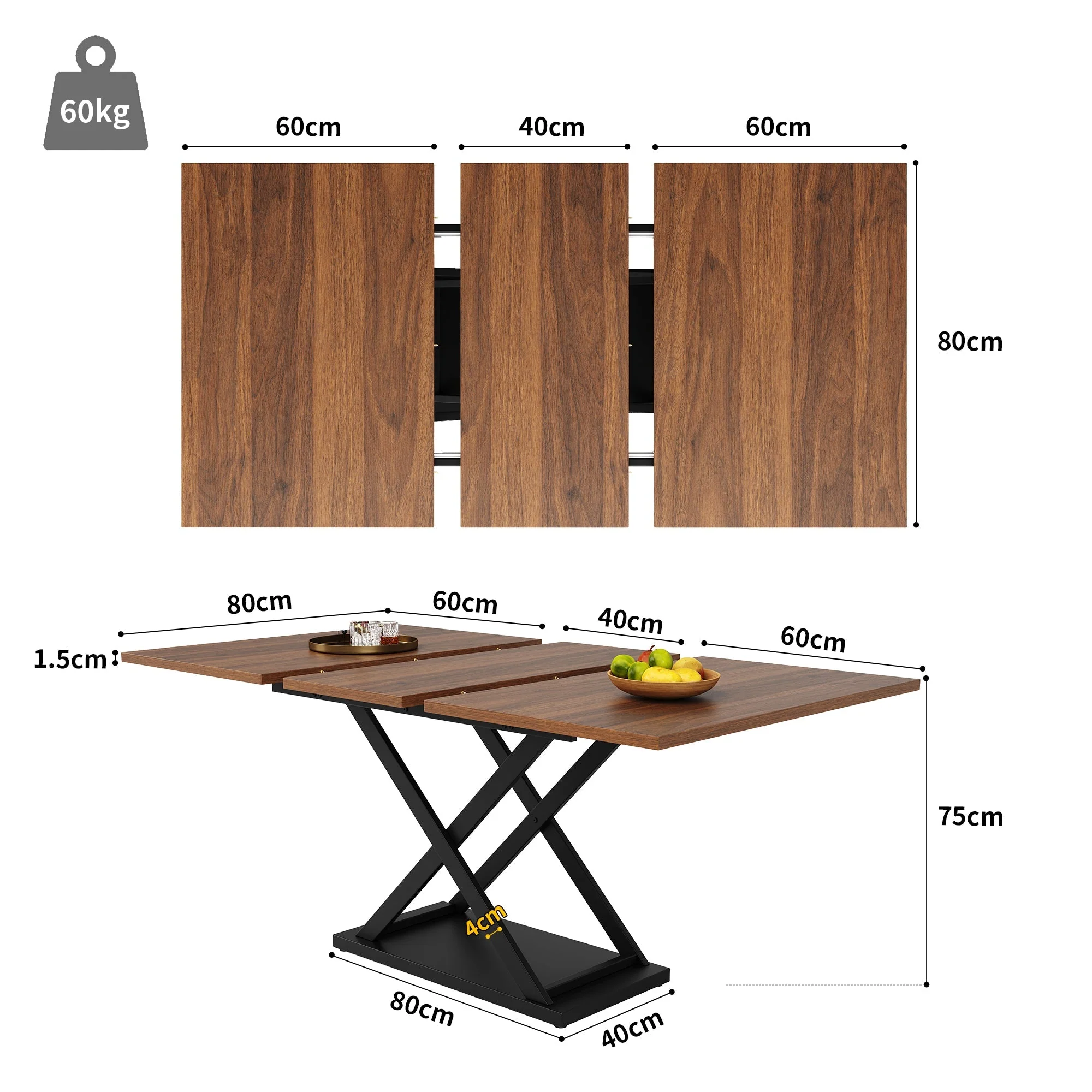 Dining Set, 5-Piece Extendable for 4, Black Velvet & Walnut - Image 5