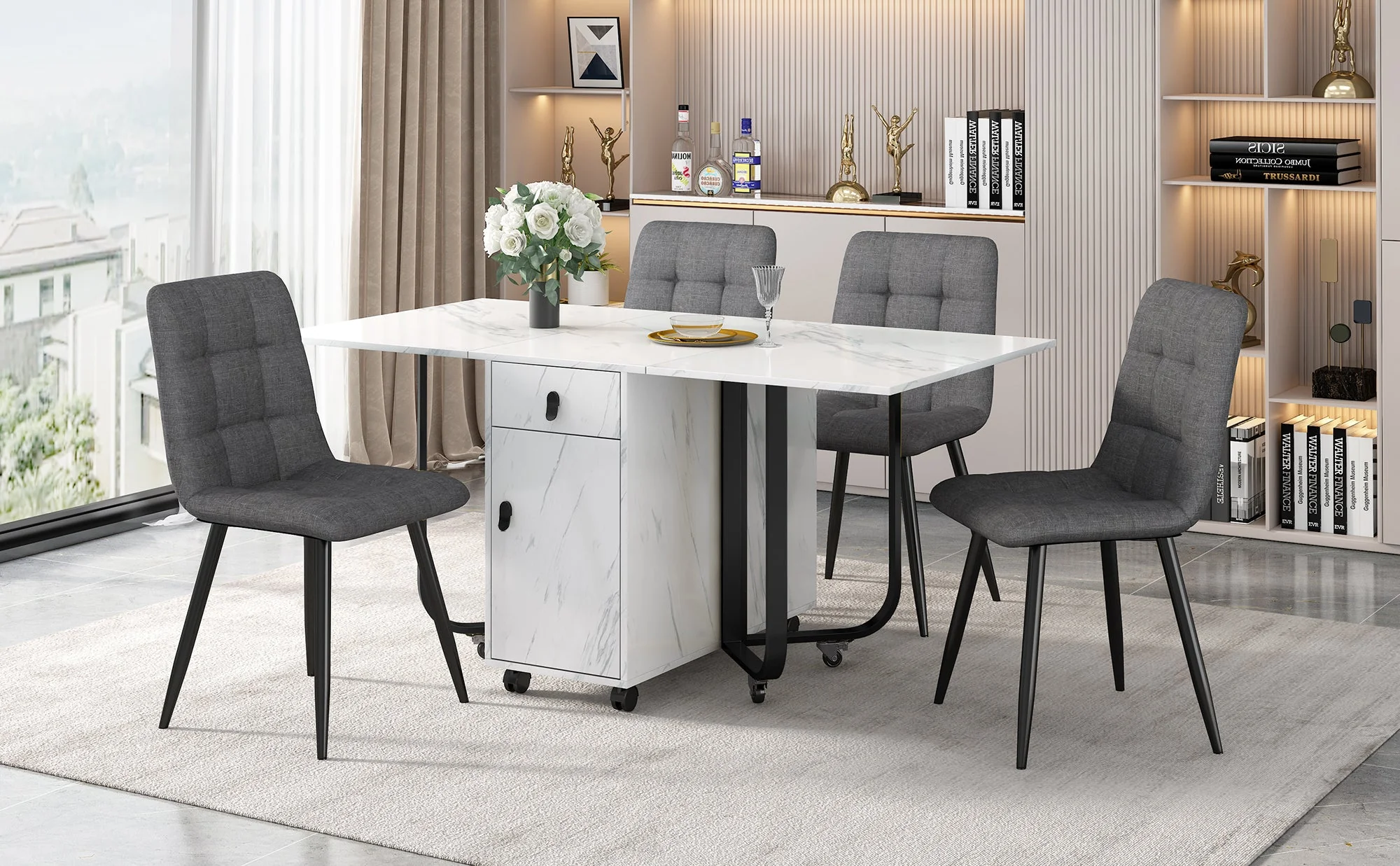 Dining Set 5-Piece Folding Kitchen Table Upholstered Linen Chair White MDF/Black Legs - Image 2