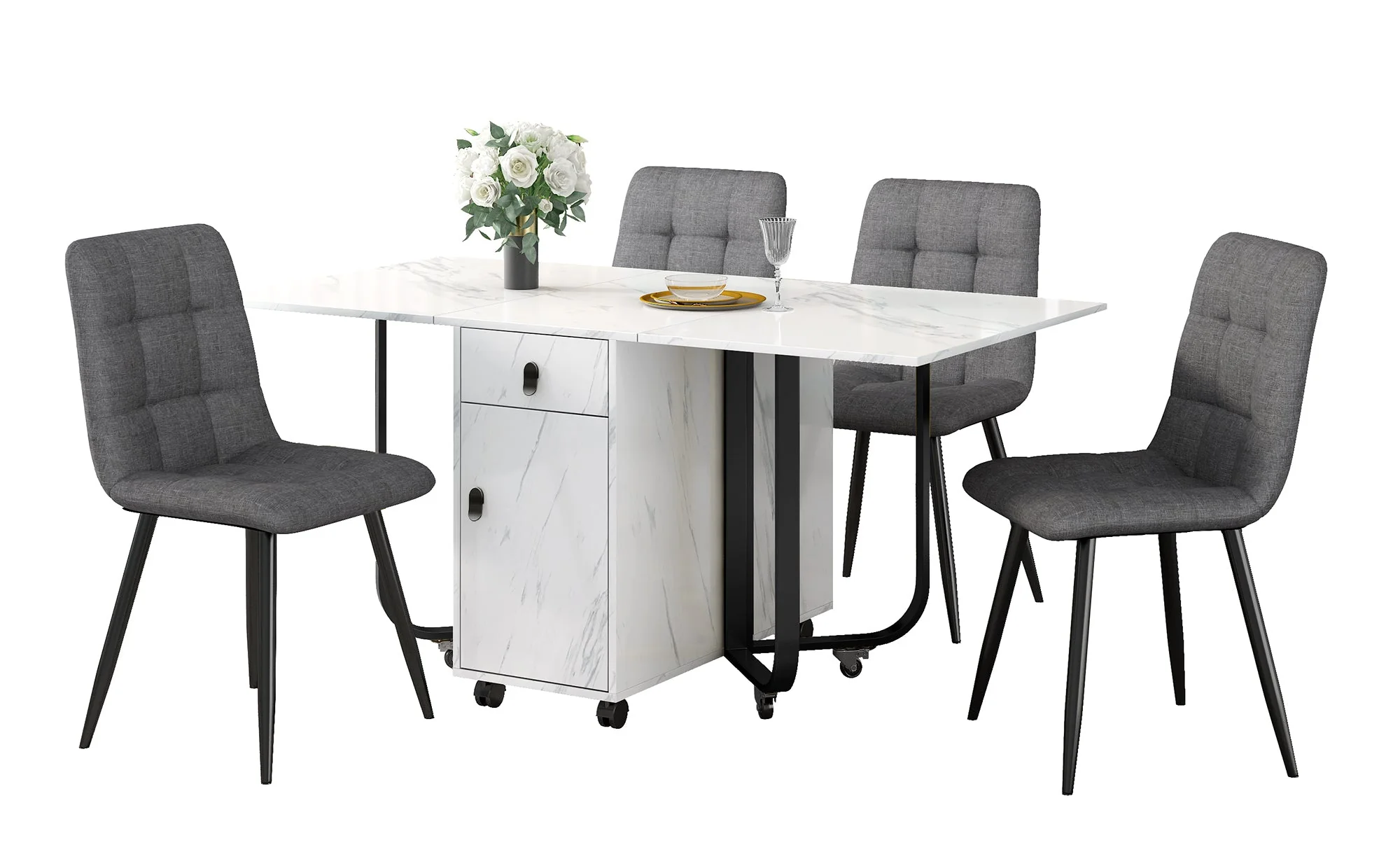 Dining Set 5-Piece Folding Kitchen Table Upholstered Linen Chair White MDF/Black Legs - Image 4