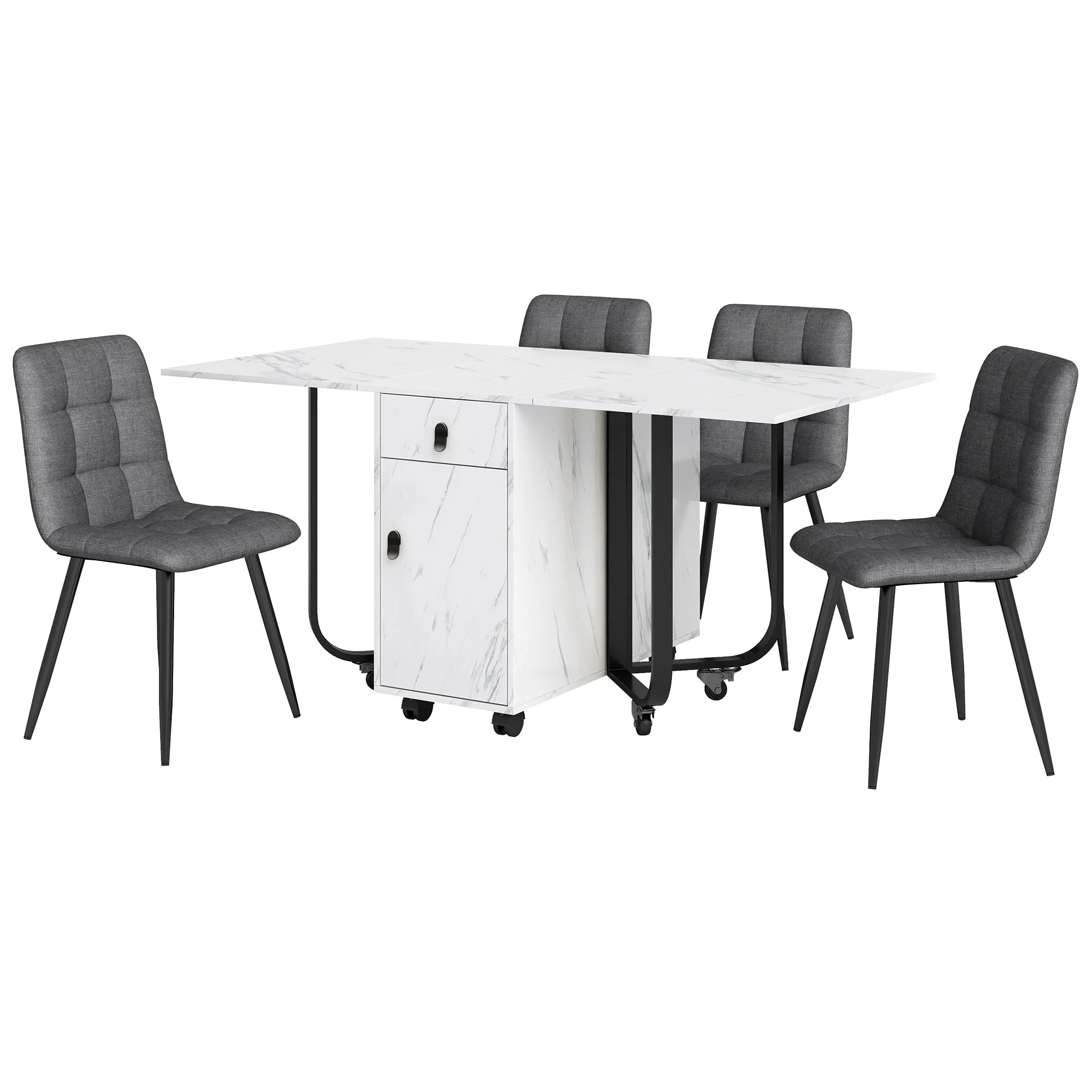 Dining Set 5-Piece Folding Kitchen Table Upholstered Linen Chair White MDF/Black Legs - Image 5