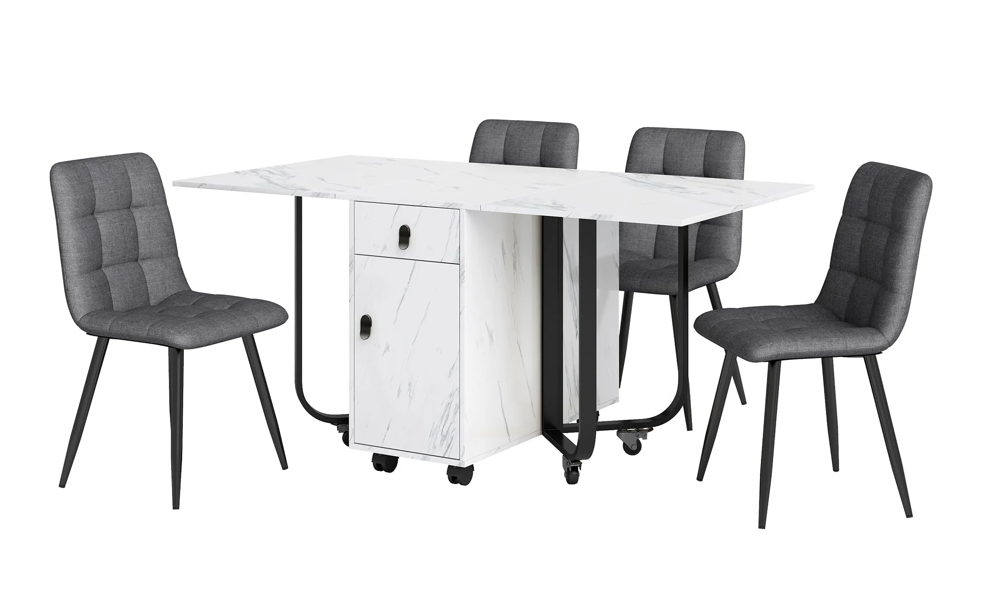 Dining Set 5-Piece Folding Kitchen Table Upholstered Linen Chair White MDF/Black Legs - Image 6