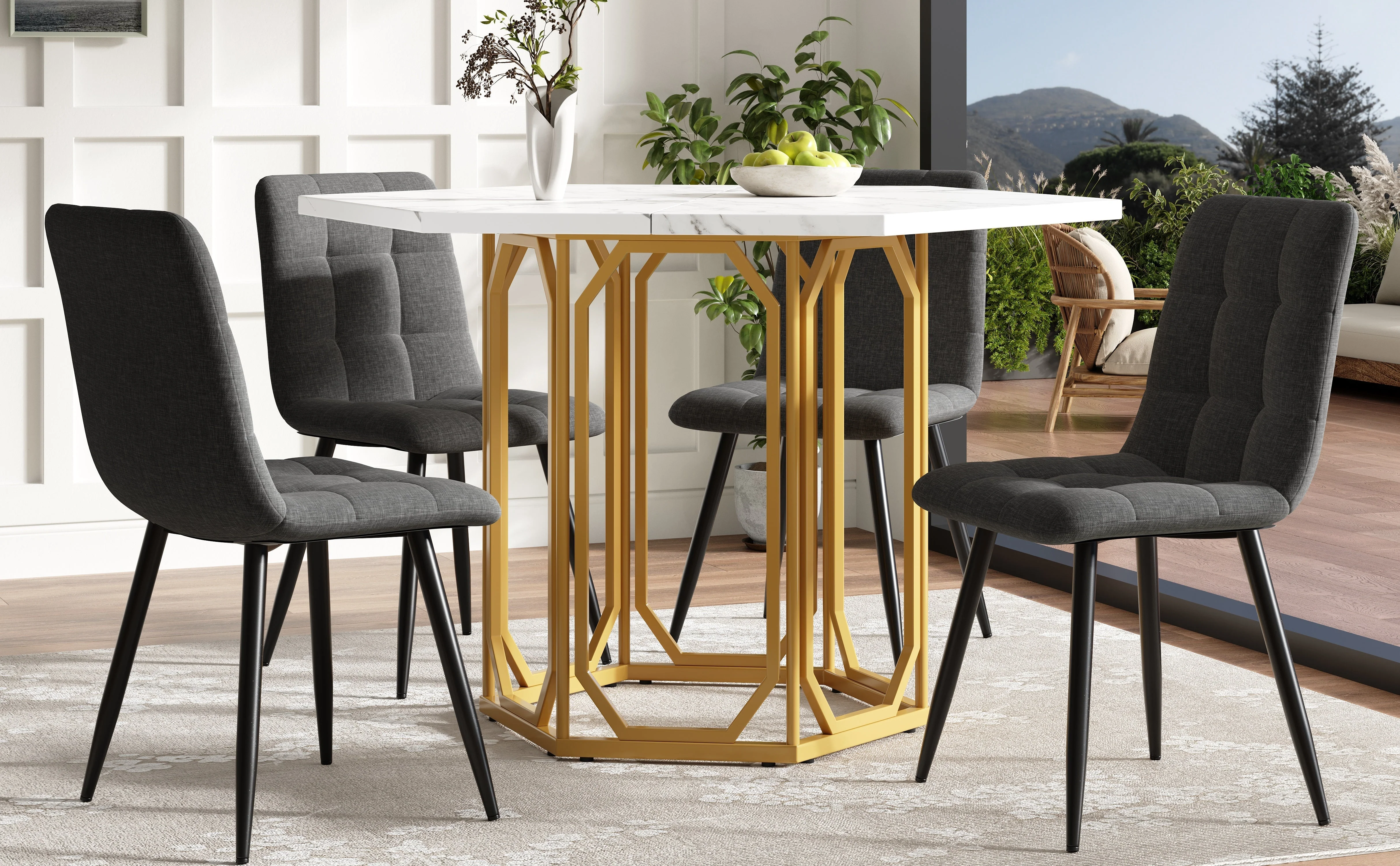 Dining Set 5-Piece Hexagonal Marble Top - Grey - Image 2